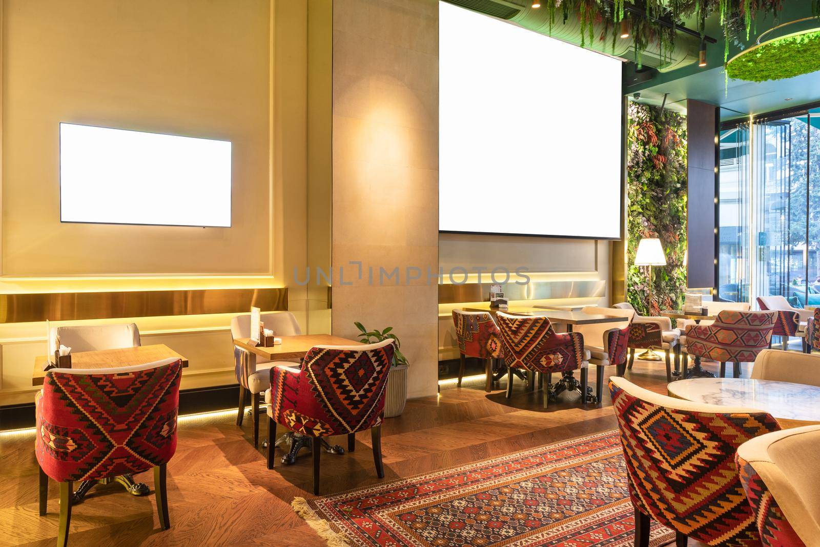 Cozy modern interior of restaurant, teahouse with white projector screen by ferhad