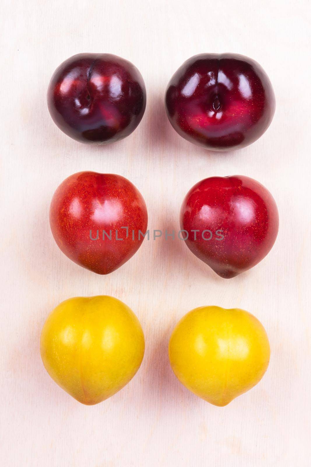 Red, yellow plum fruit top view on the white background isolated by ferhad