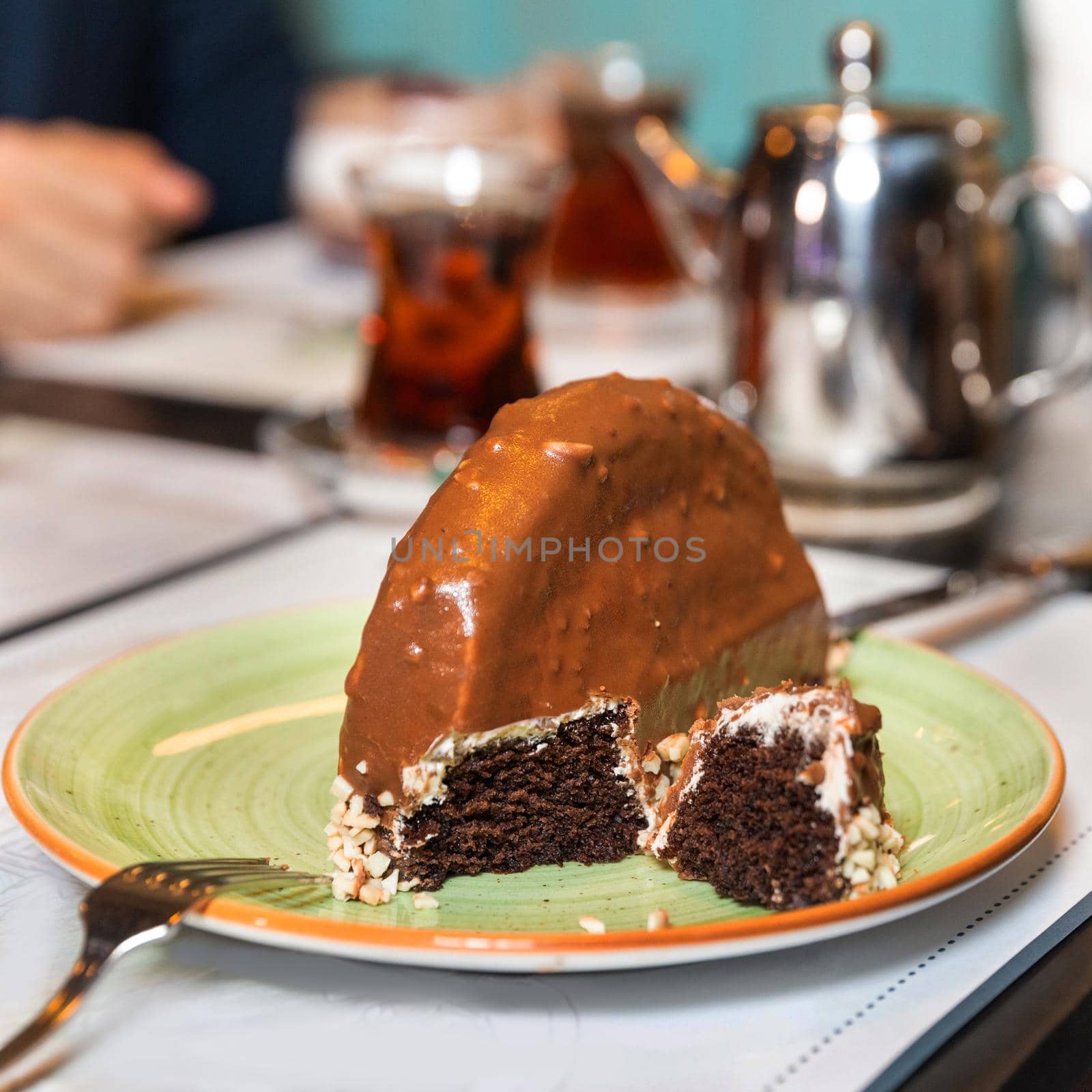 Chocolate dessert on plate close up