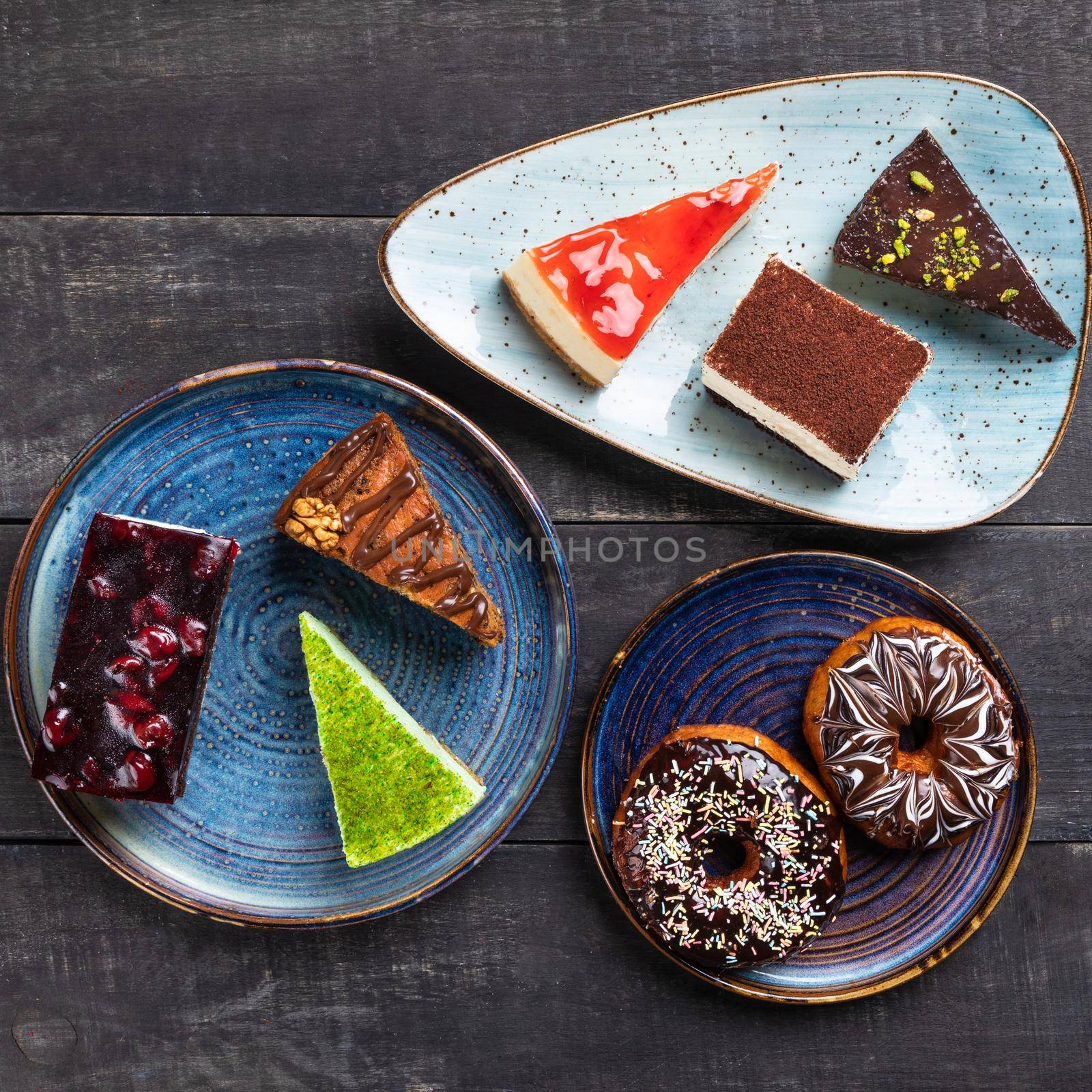 Beautiful chocolate cakes, desserts, doughnut top view