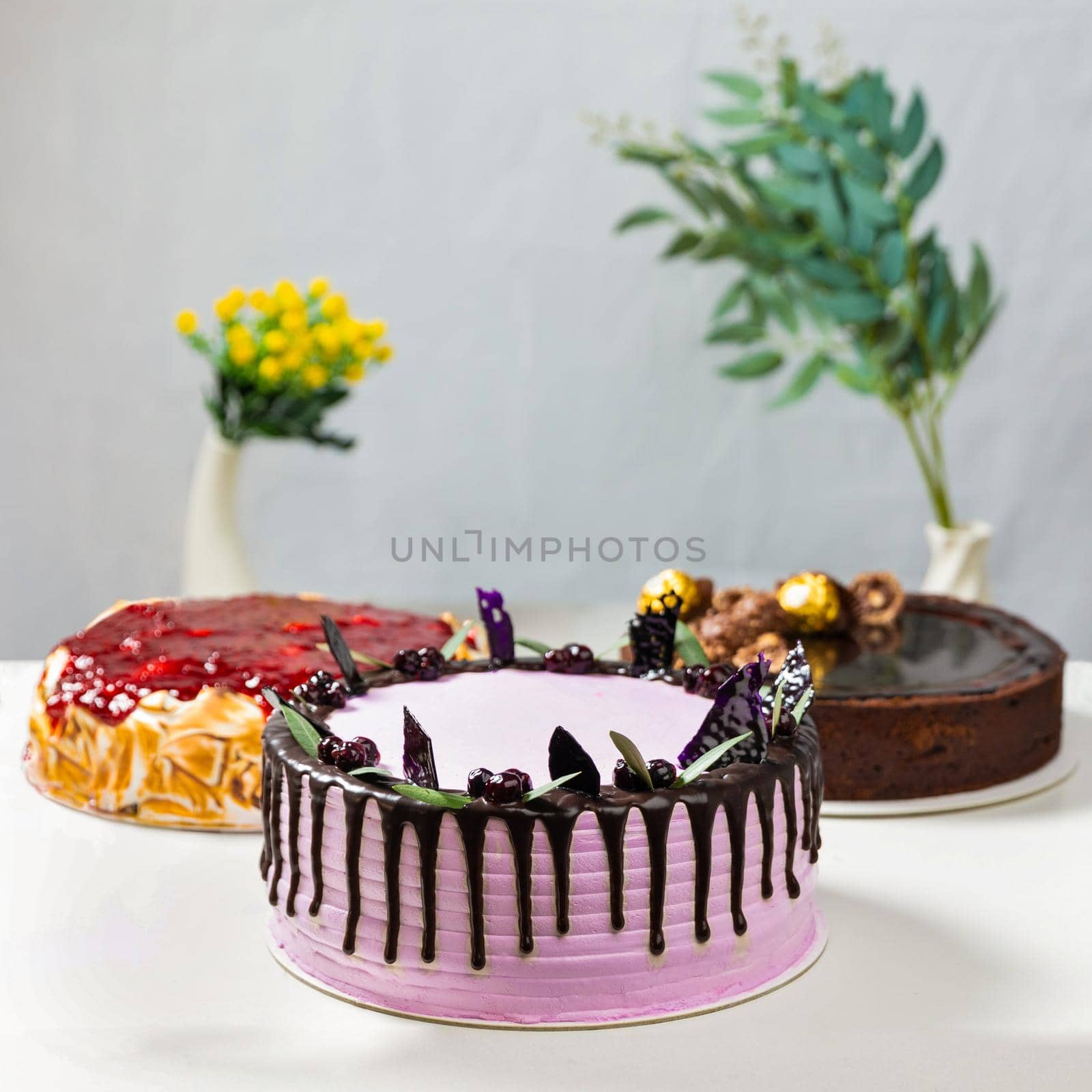 Different beautiful cakes on the white background