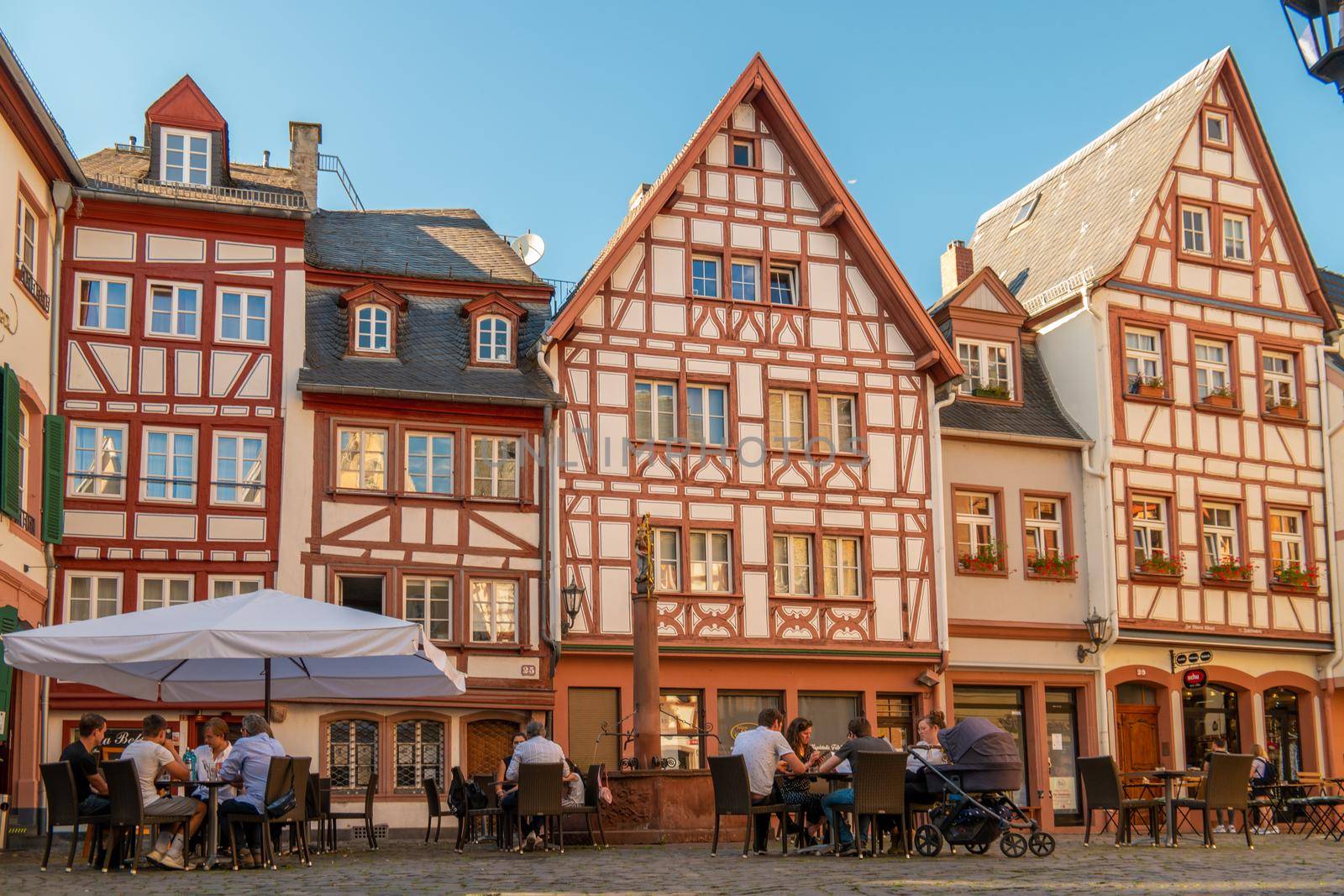 Mainz Germany August 2020, Classical timber houses in the center of Mainz, Germany by fokkebok