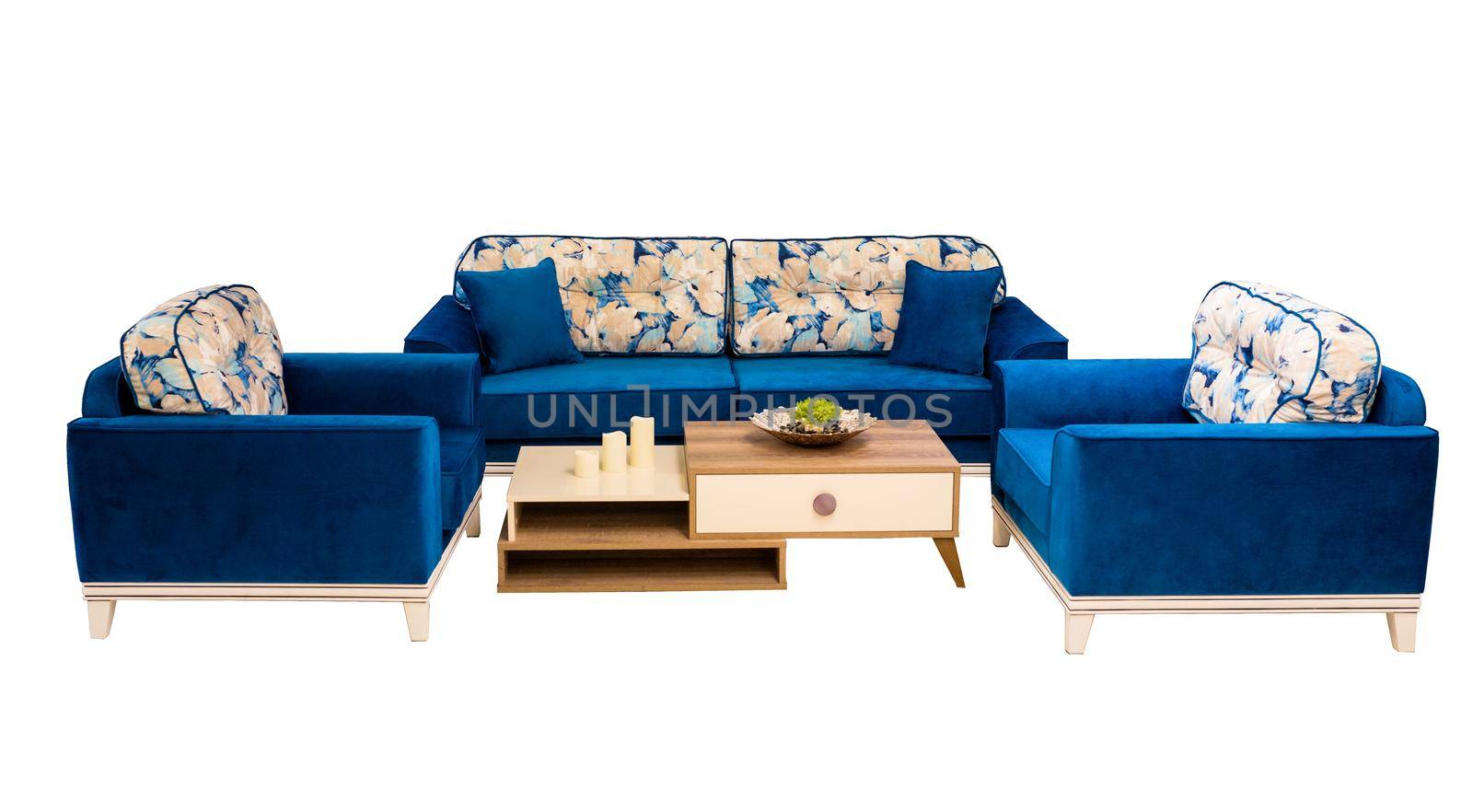 Modern blue living room with sofa and furniture on white background by ferhad
