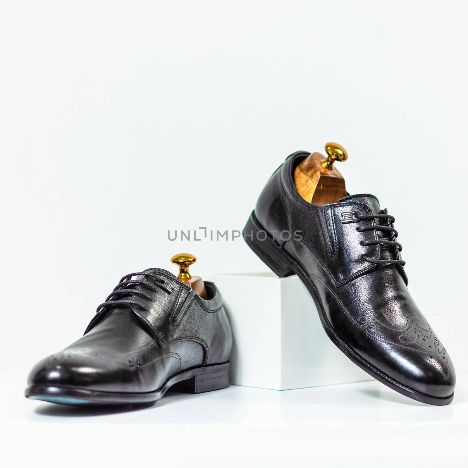 Men's classic black shoes close up