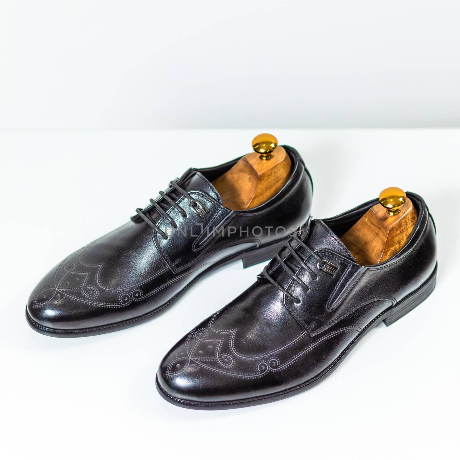 Men's classic black shoes close up