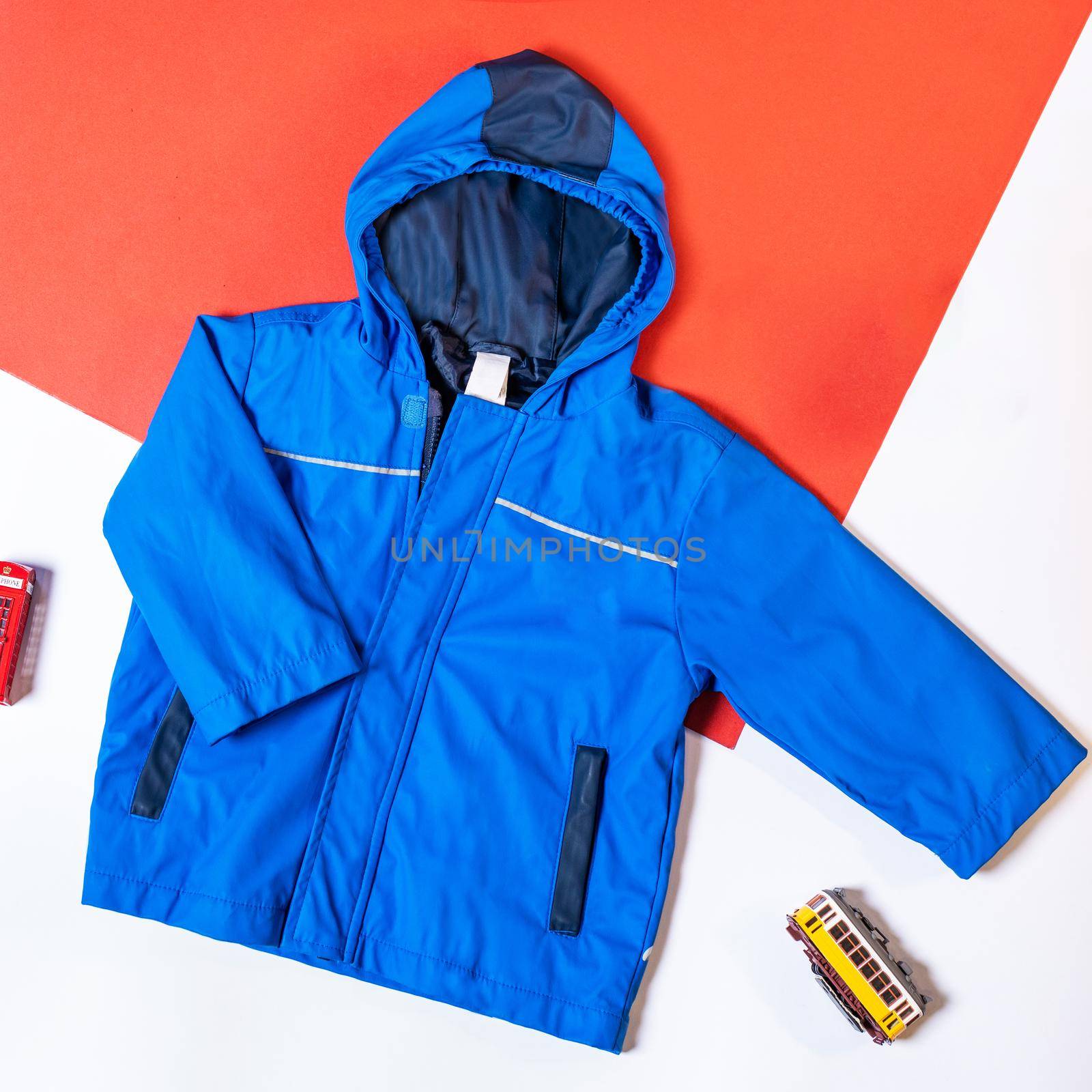 Blue hood jacket mock up isolated top view