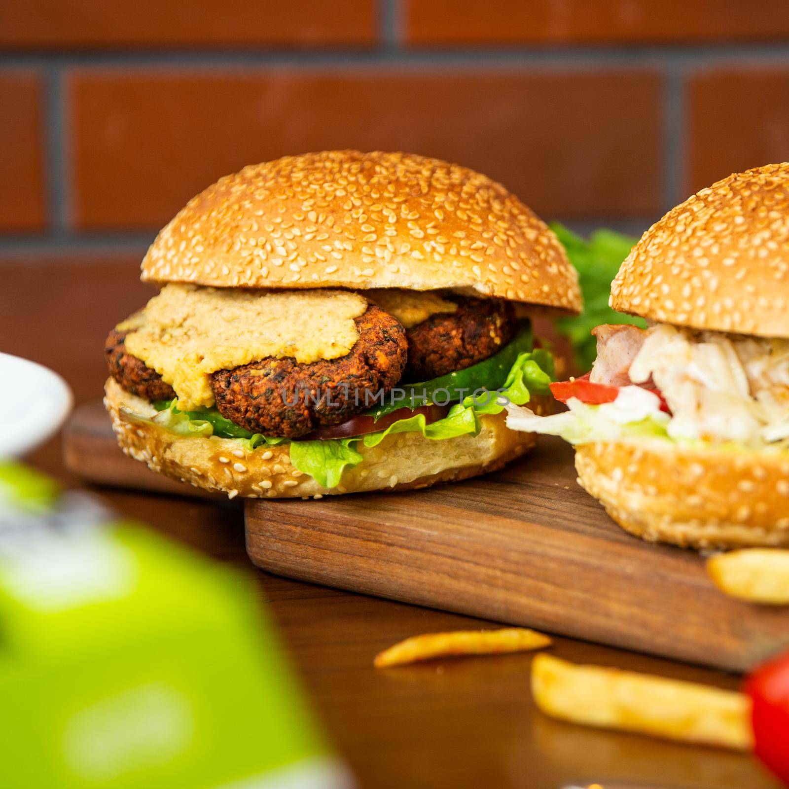 Vegetarian, Veggie burger with Caesar burger on the plate