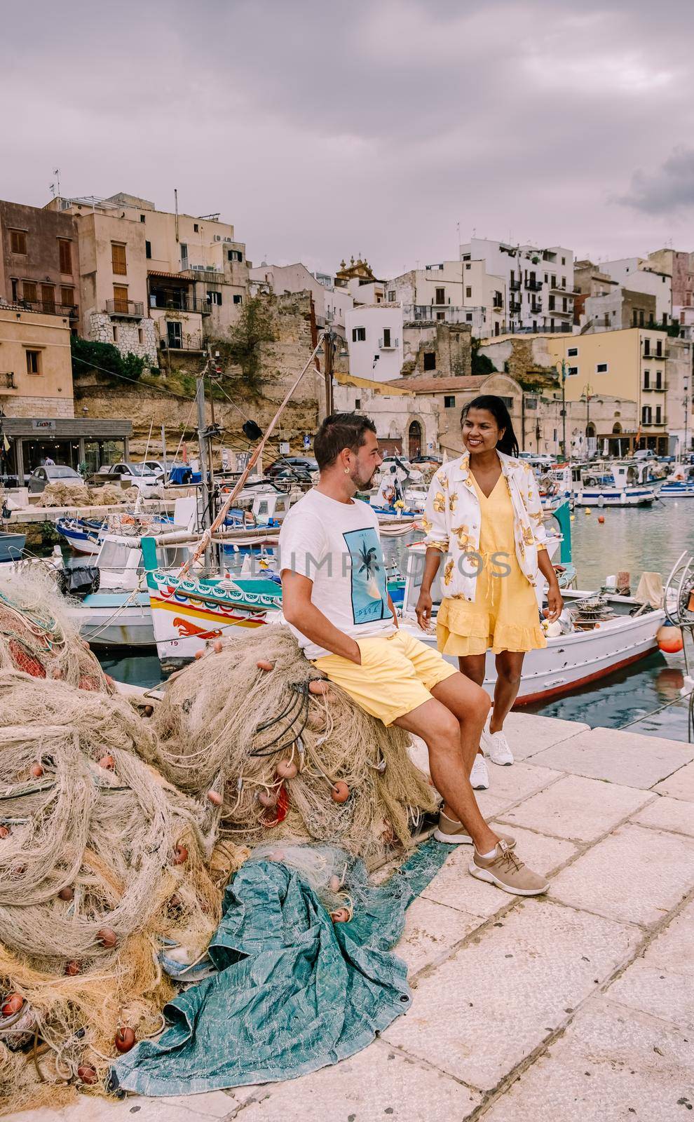 Sicily Italy October 2020 fishing boats at the Sicilian port of Castellammare del Golfo, amazing coastal village of Sicily island, province of Trapani, Italy. High quality photo