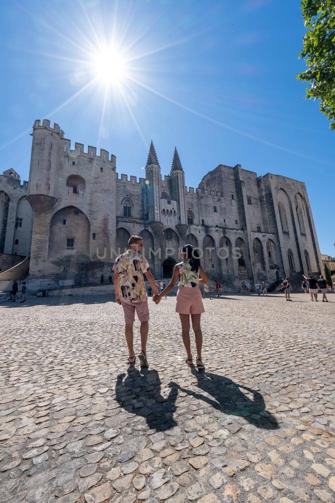 couple city trip Avignon Southern France, Ancient Popes Palace, Saint-Benezet, Avignon, Provence, France by fokkebok