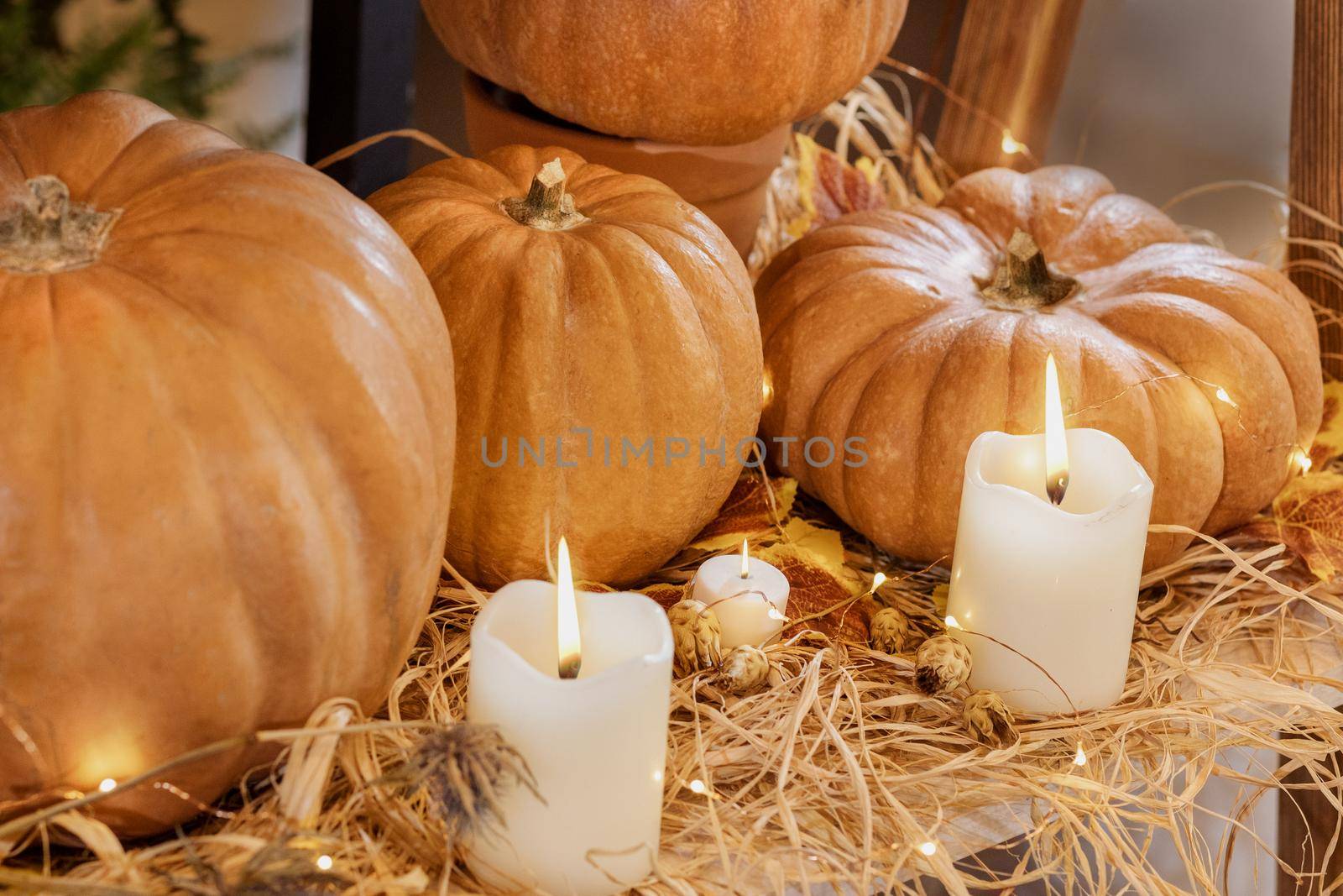 Halloween Pumpkins with candles straw