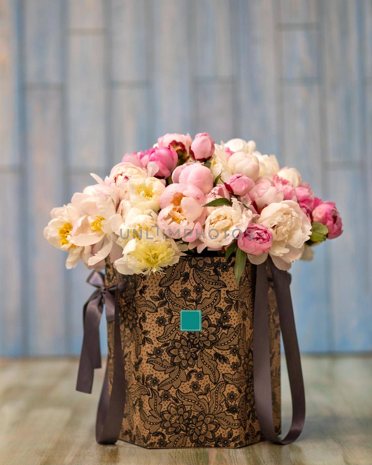 Beautiful white flower bouquet in the box