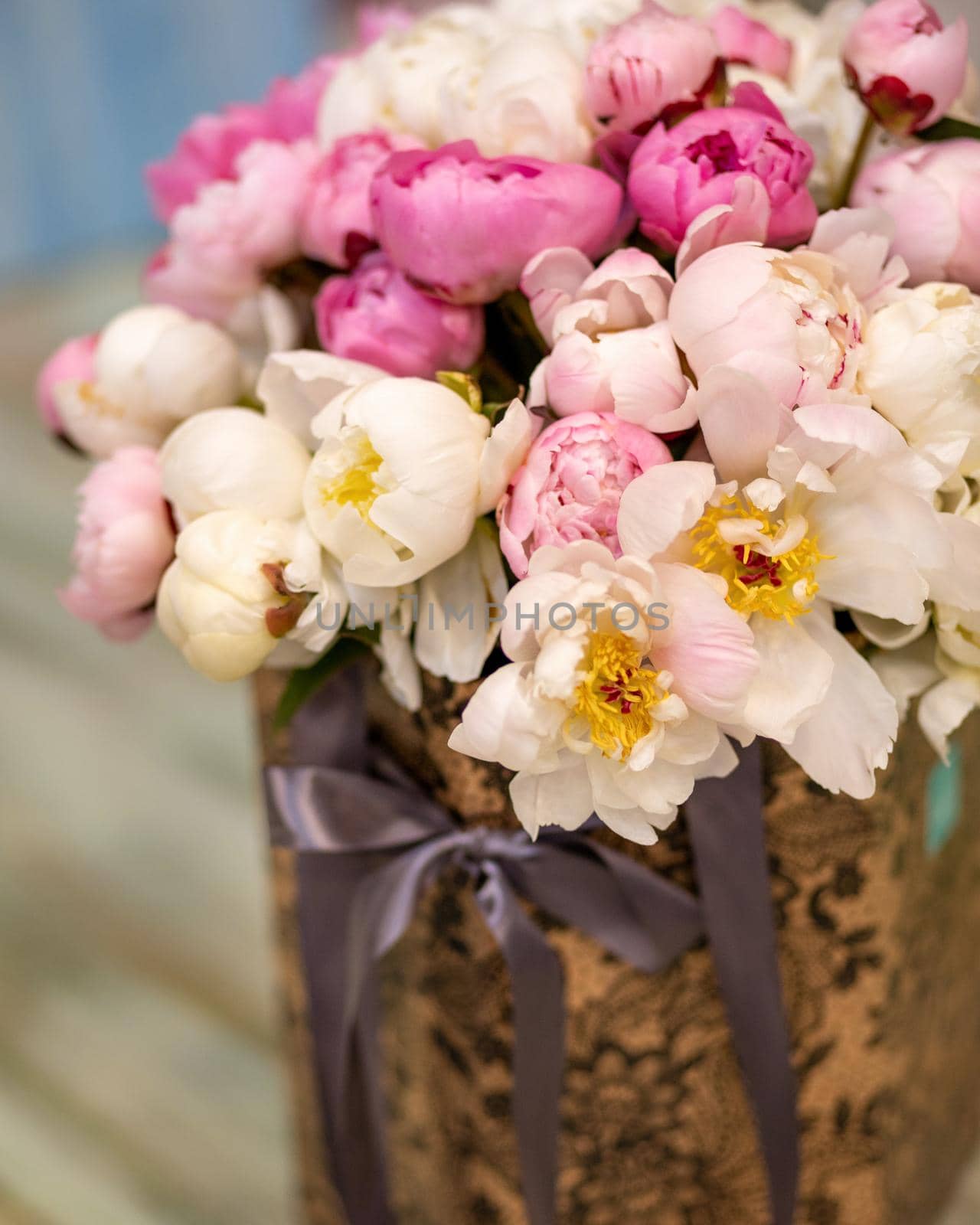 Beautiful white flower bouquet in the box close up