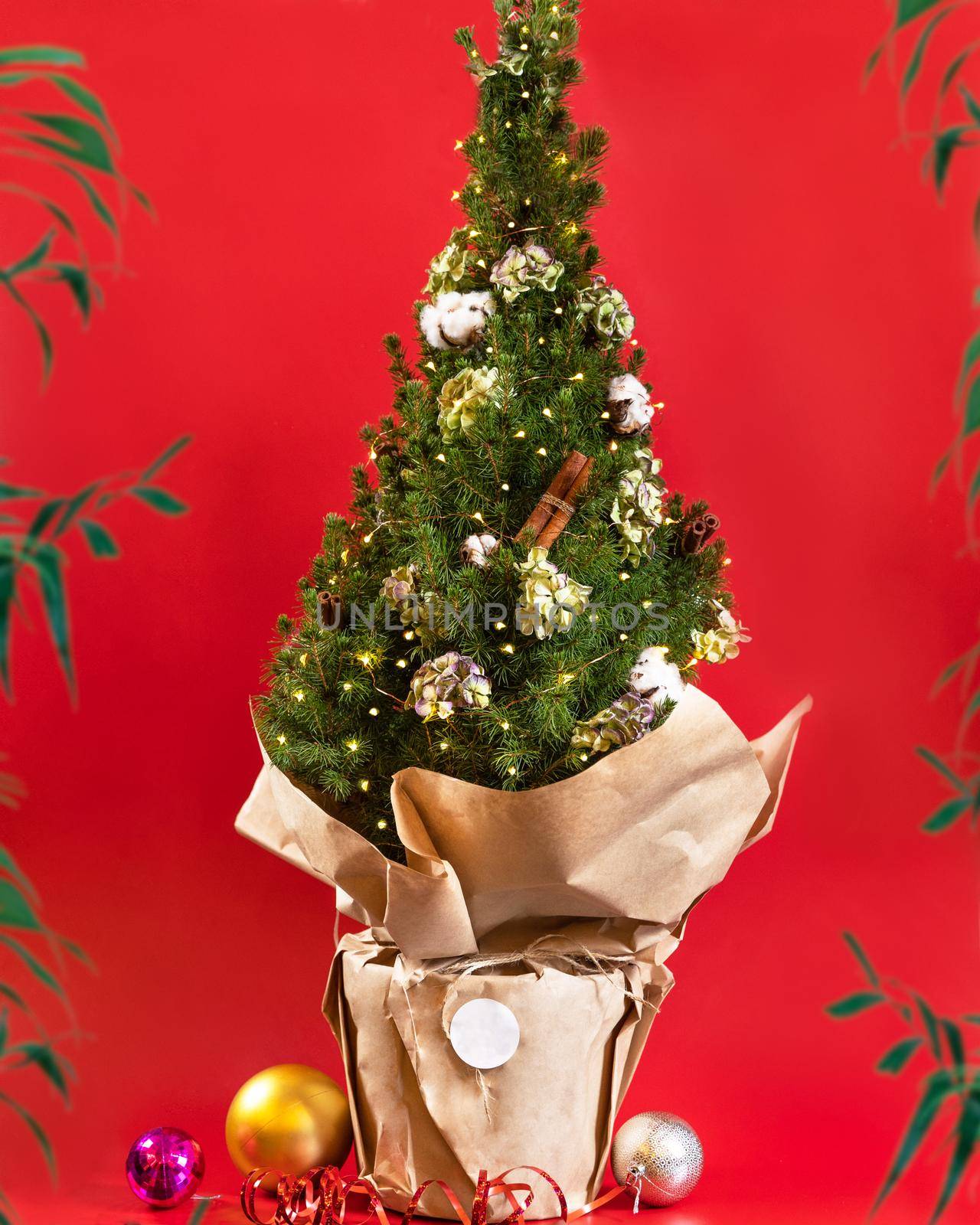 Christmas tree on red background