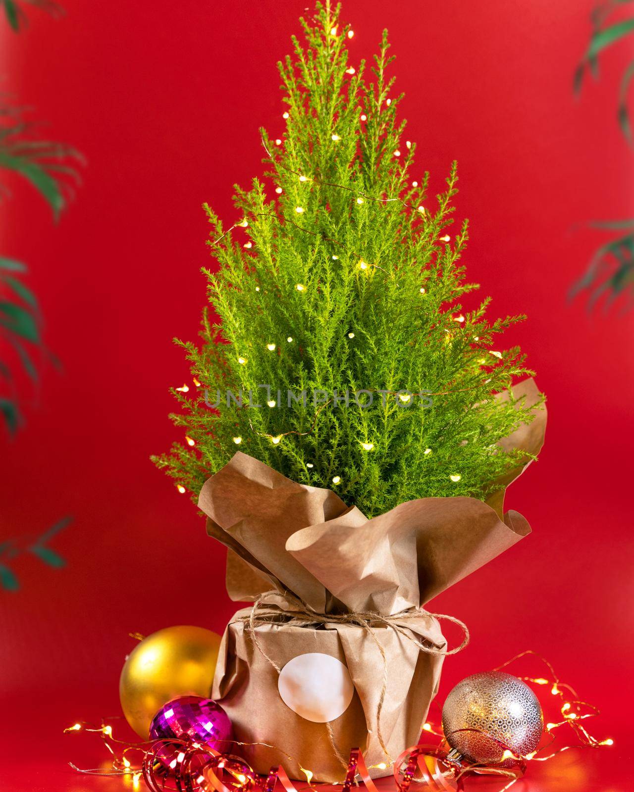 Christmas tree on red background