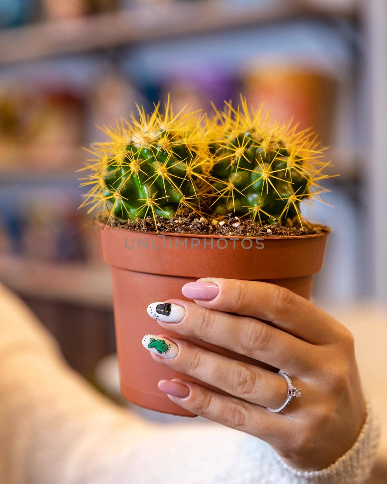 Woman holding yellow painted cactus