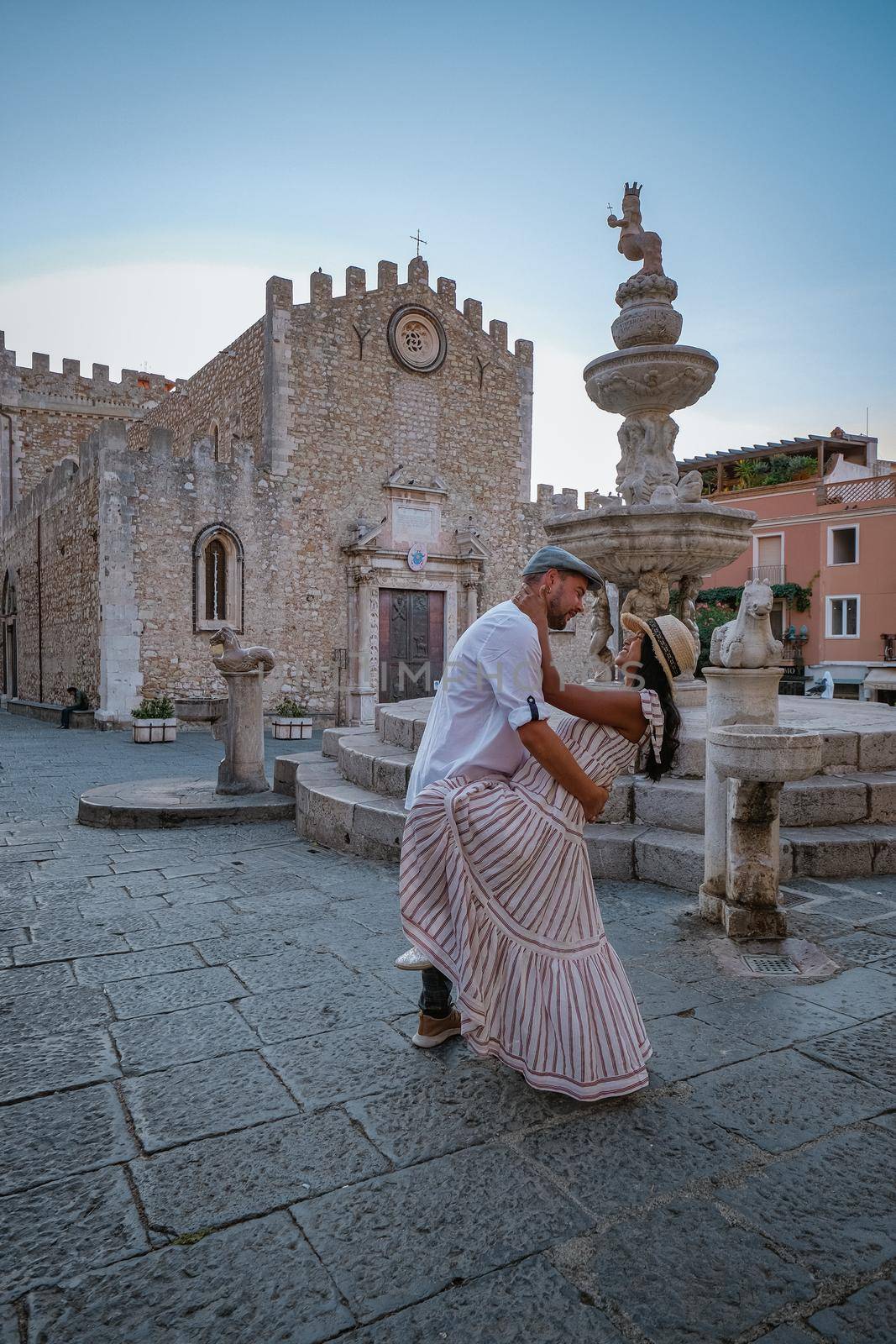 Taormina Sicily, Belvedere of Taormina and San Giuseppe church on the square Piazza IX Aprile in Taormina. Sicily, Italy by fokkebok