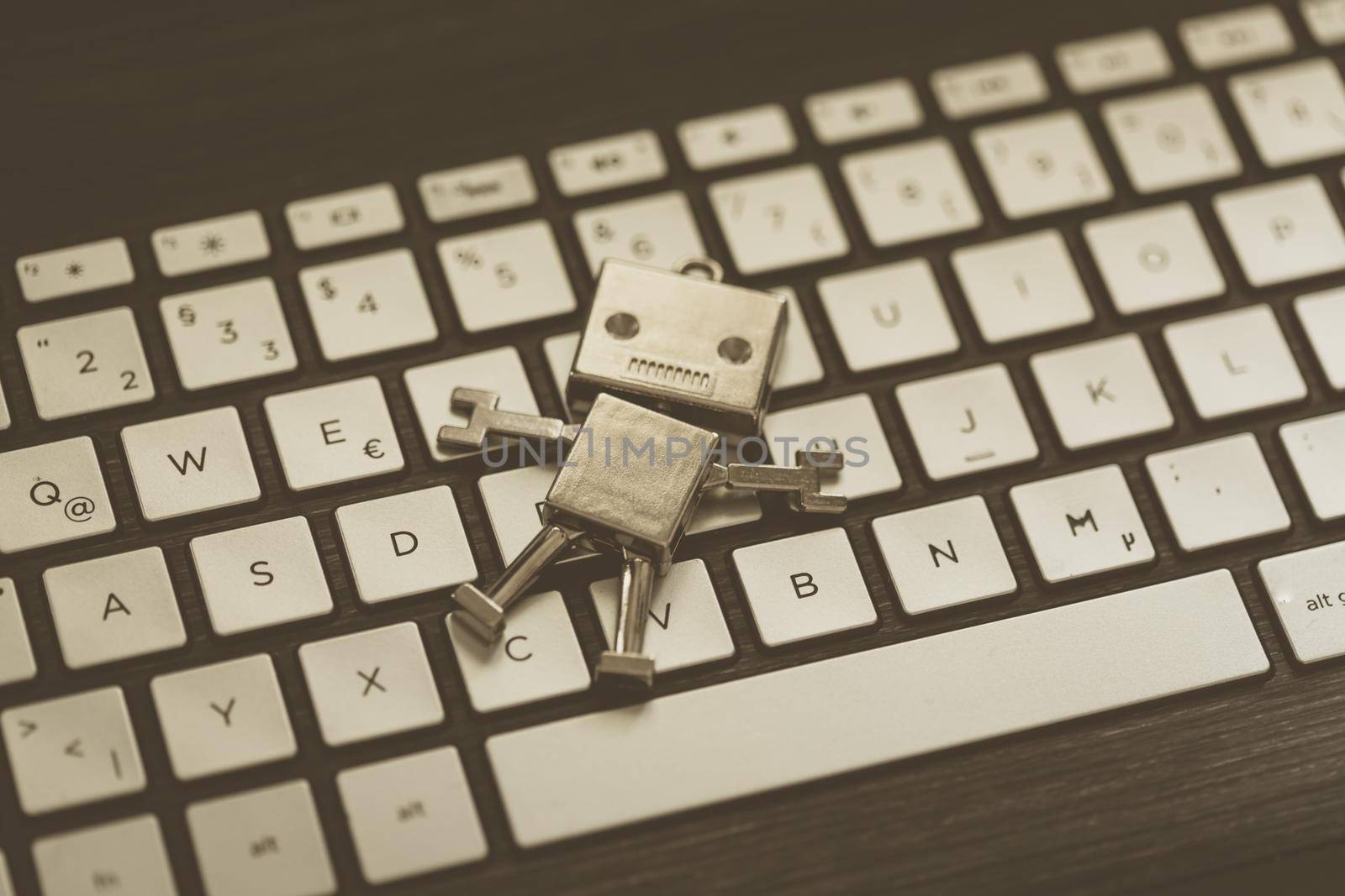 Symbol for a chatbot or social bot and algorithms, program code in the background