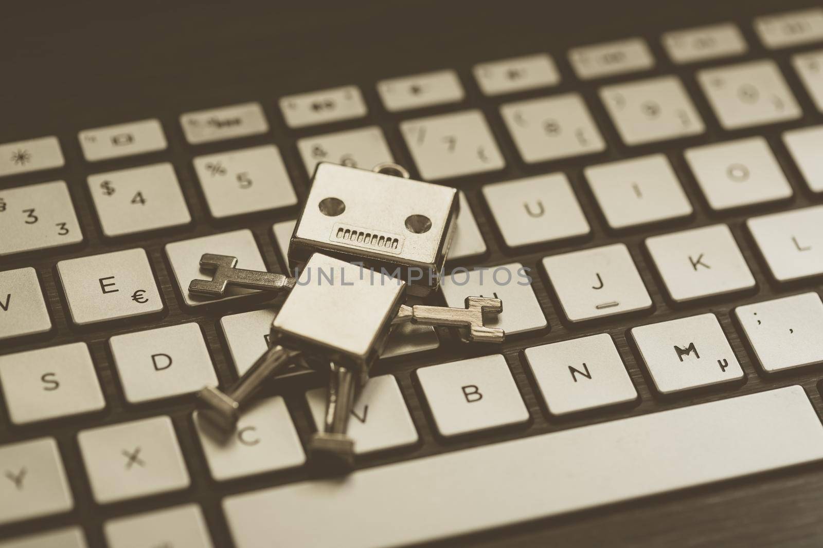 Symbol for a chatbot or social bot and algorithms, program code in the background