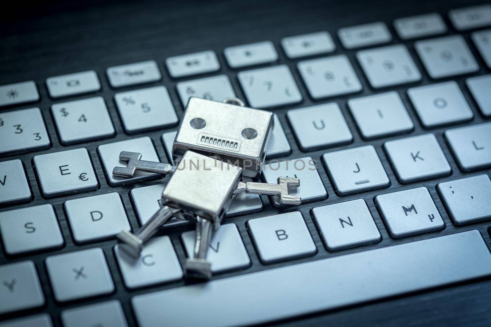 Symbol for a chatbot or social bot and algorithms, program code in the background