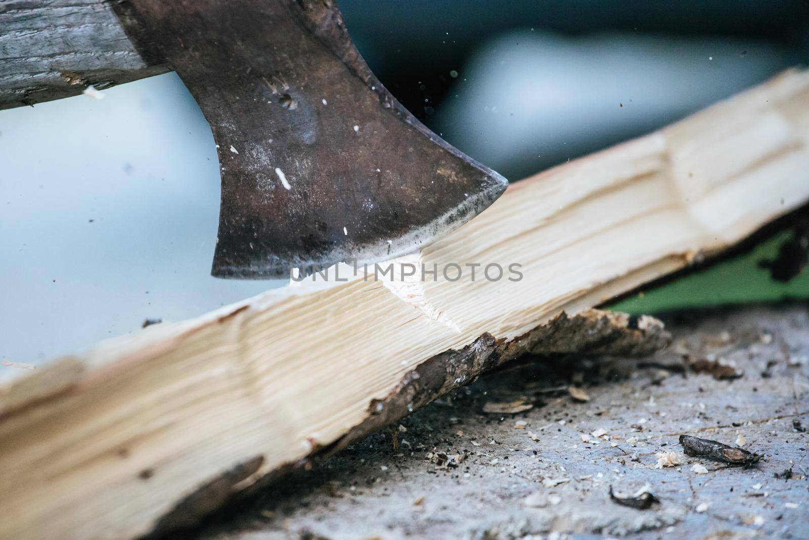 Sharpe axe is cutting wood for making fire, close up picture