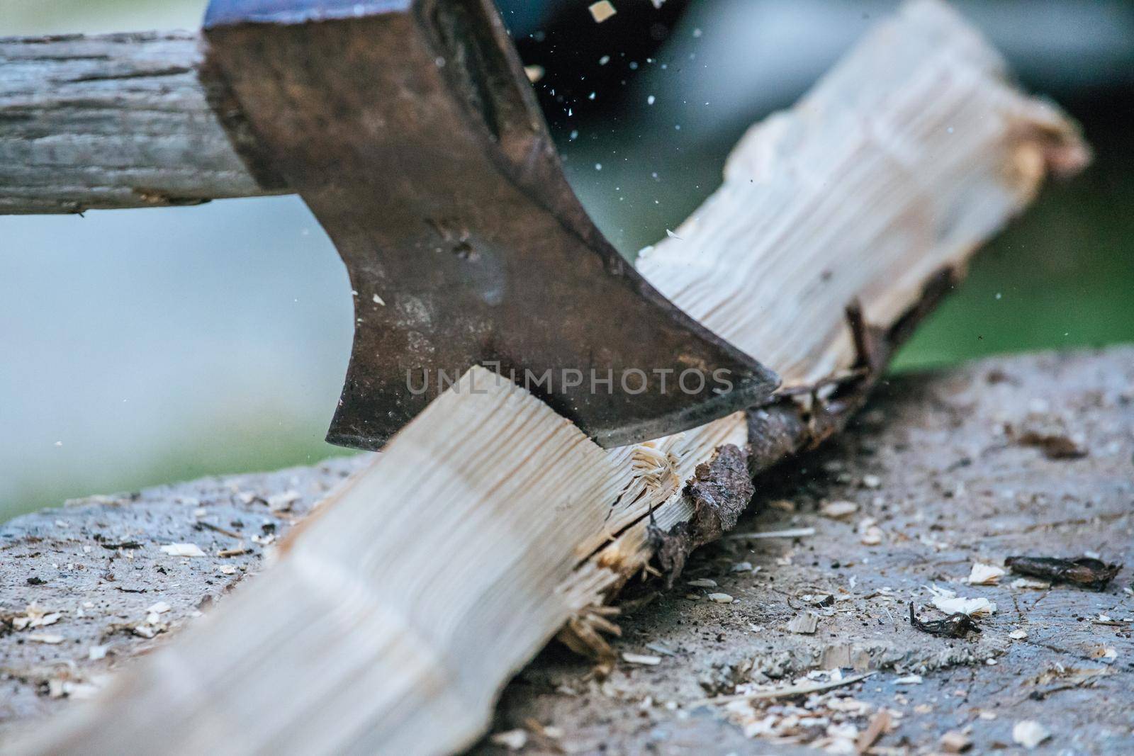 Sharpe axe is cutting wood for making fire, close up picture