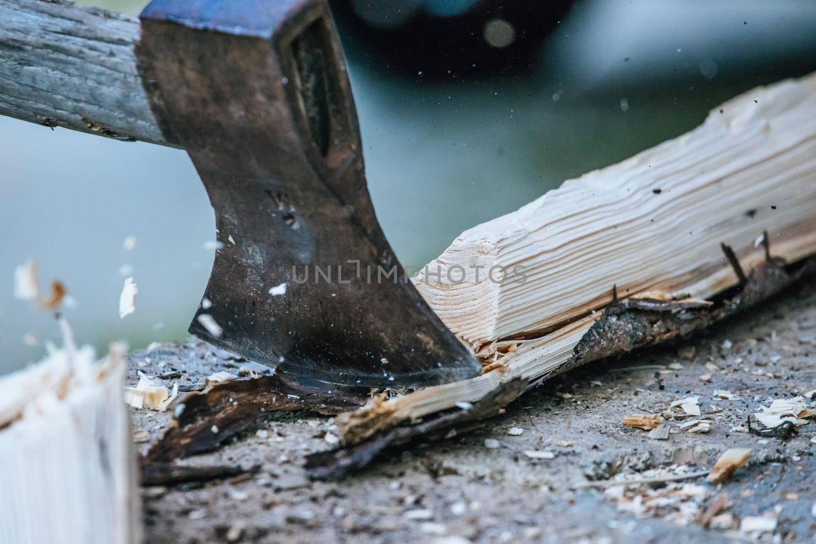 Sharpe axe is cutting wood for making fire, close up picture