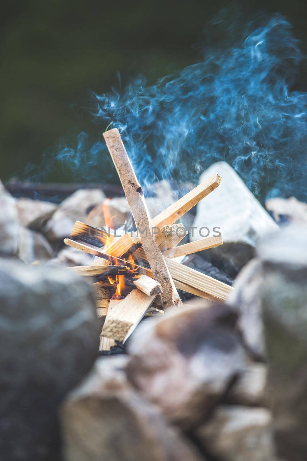 Making a bonfire: Small flame on a camping trip, adventure outdoors by Daxenbichler