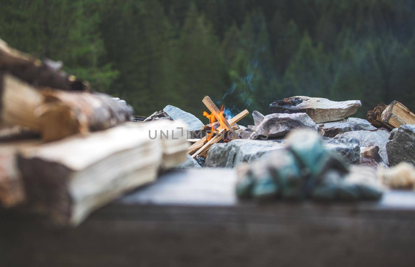 Making fire in the wood, camping outdoors