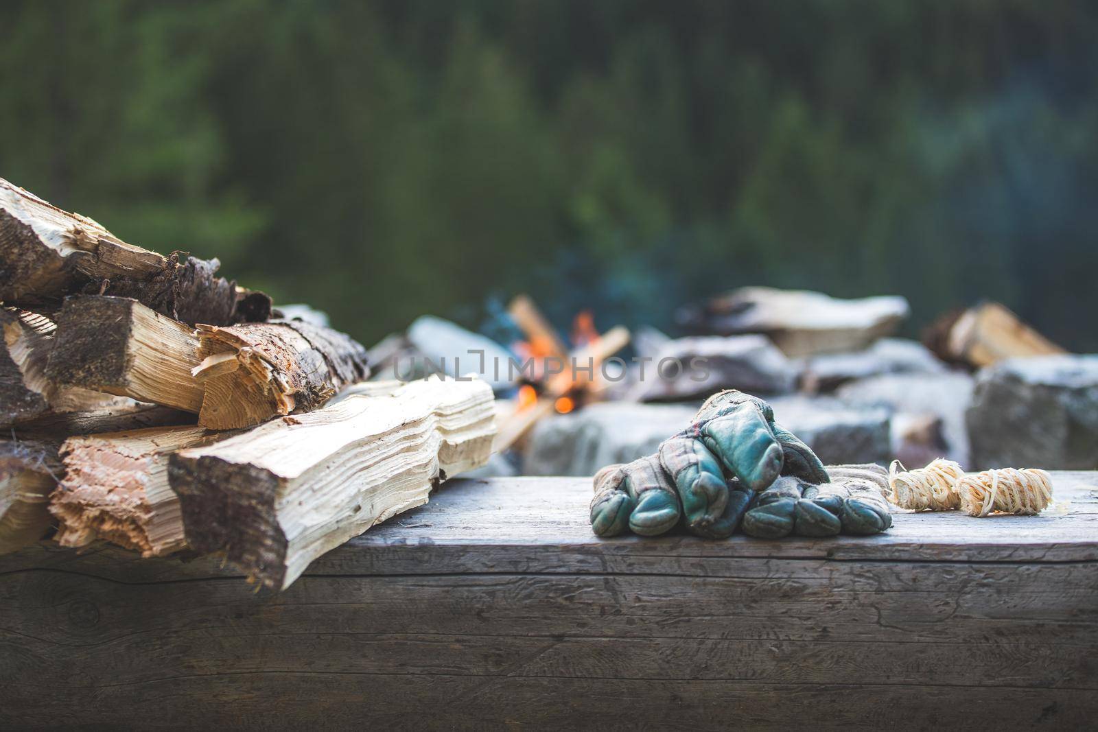Making fire in the wood, camping outdoors