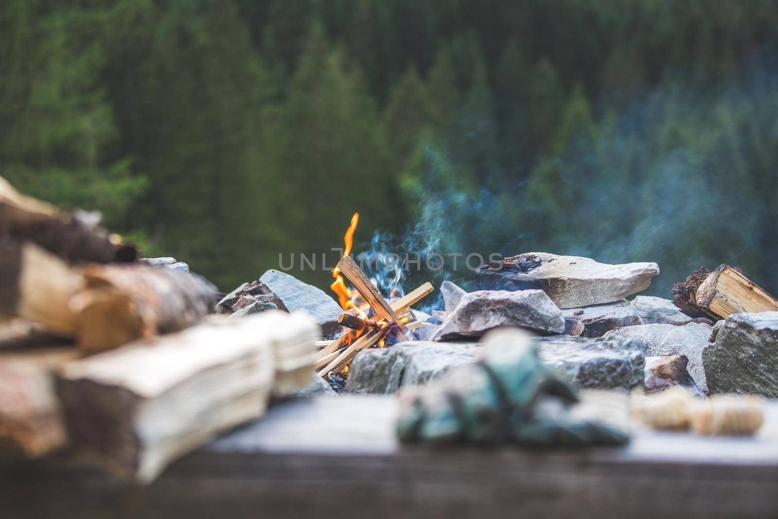 Making fire in the wood, camping outdoors