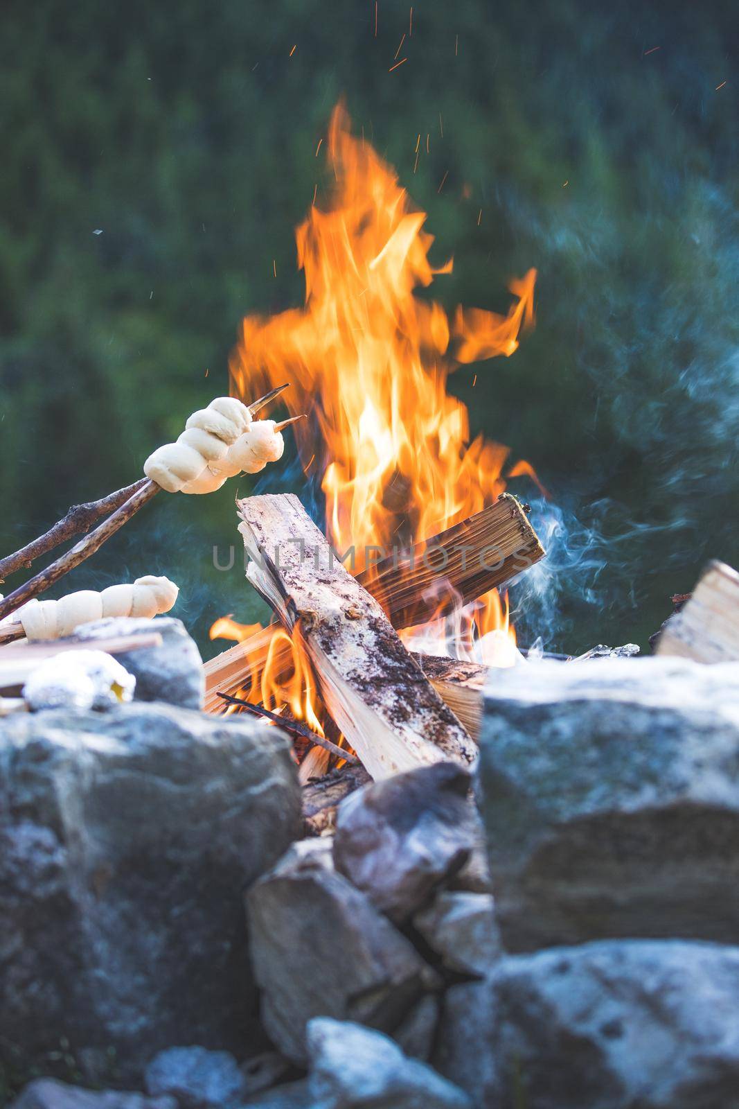 Having a barbecue on the bonfire, outdoors. Baking bread.