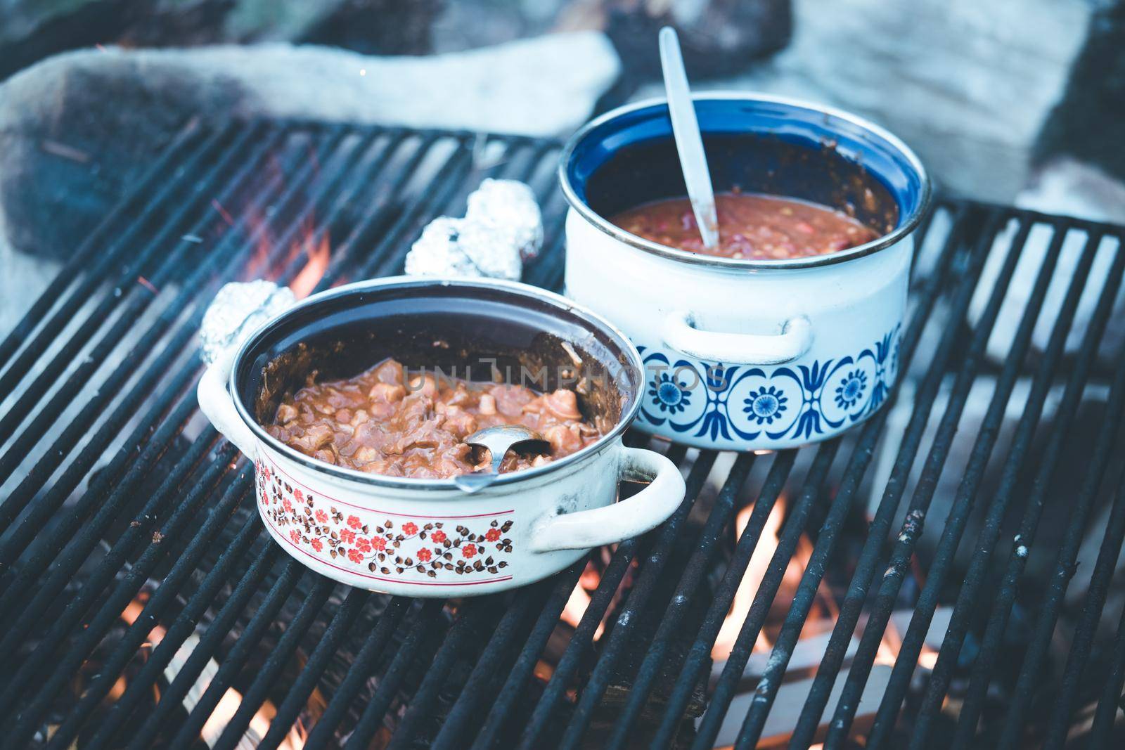 Tasty and spicy stew on bonfire, outdoors on a camping trip