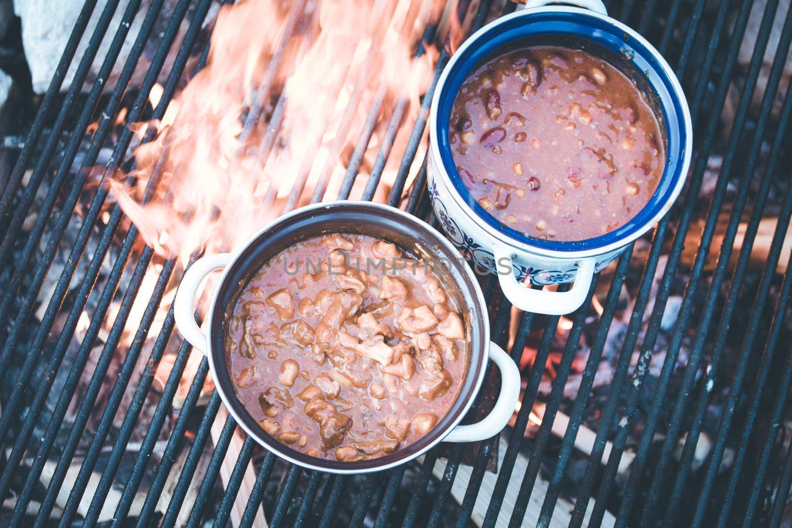 Tasty and spicy stew on bonfire, outdoors on a camping trip