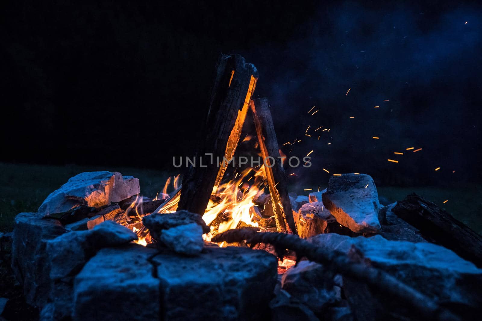 Forest bonfire in the summer, camping time with friends. Copy space.