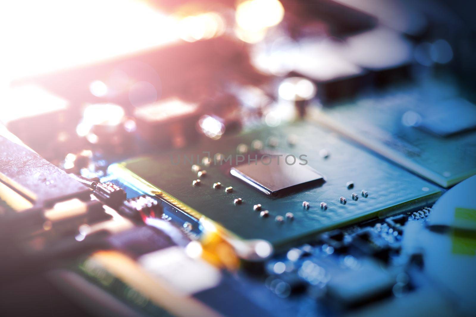 Computer chip on a circuit board, close up; Computer technology.