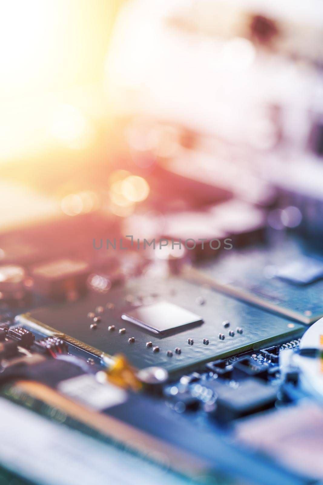 Computer chip on a circuit board, close up; Computer technology.