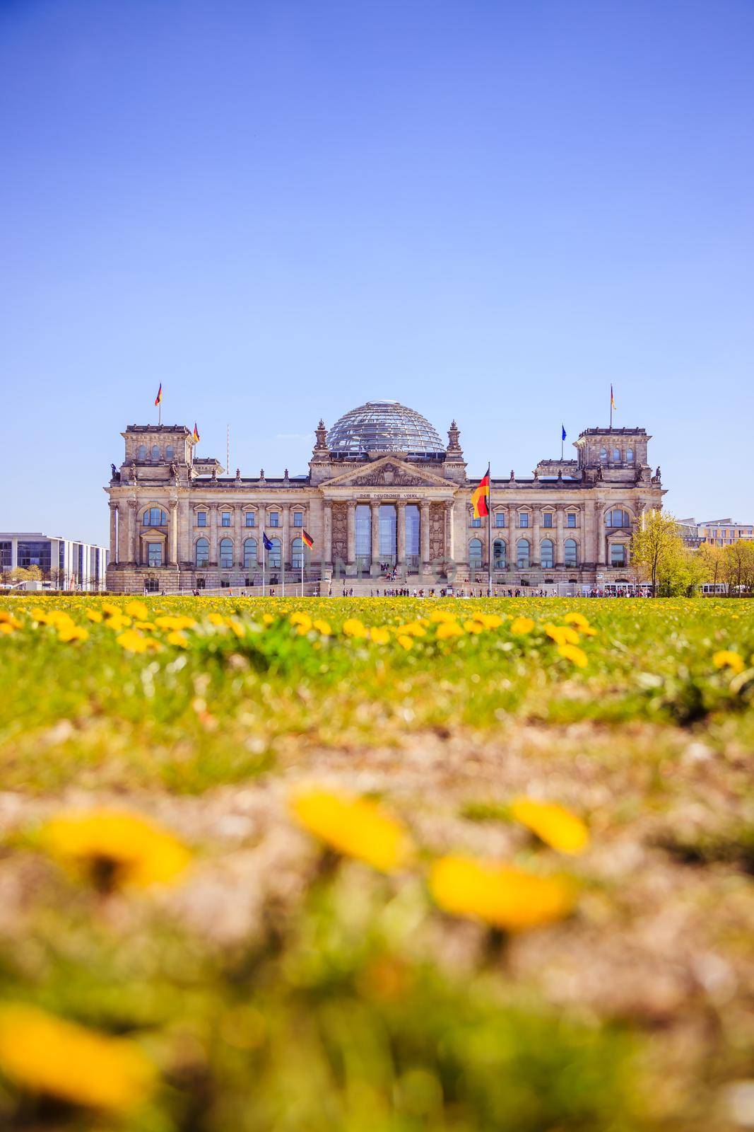 Picture of the Reichstag in Berlin in Springtime, green grass and flowers