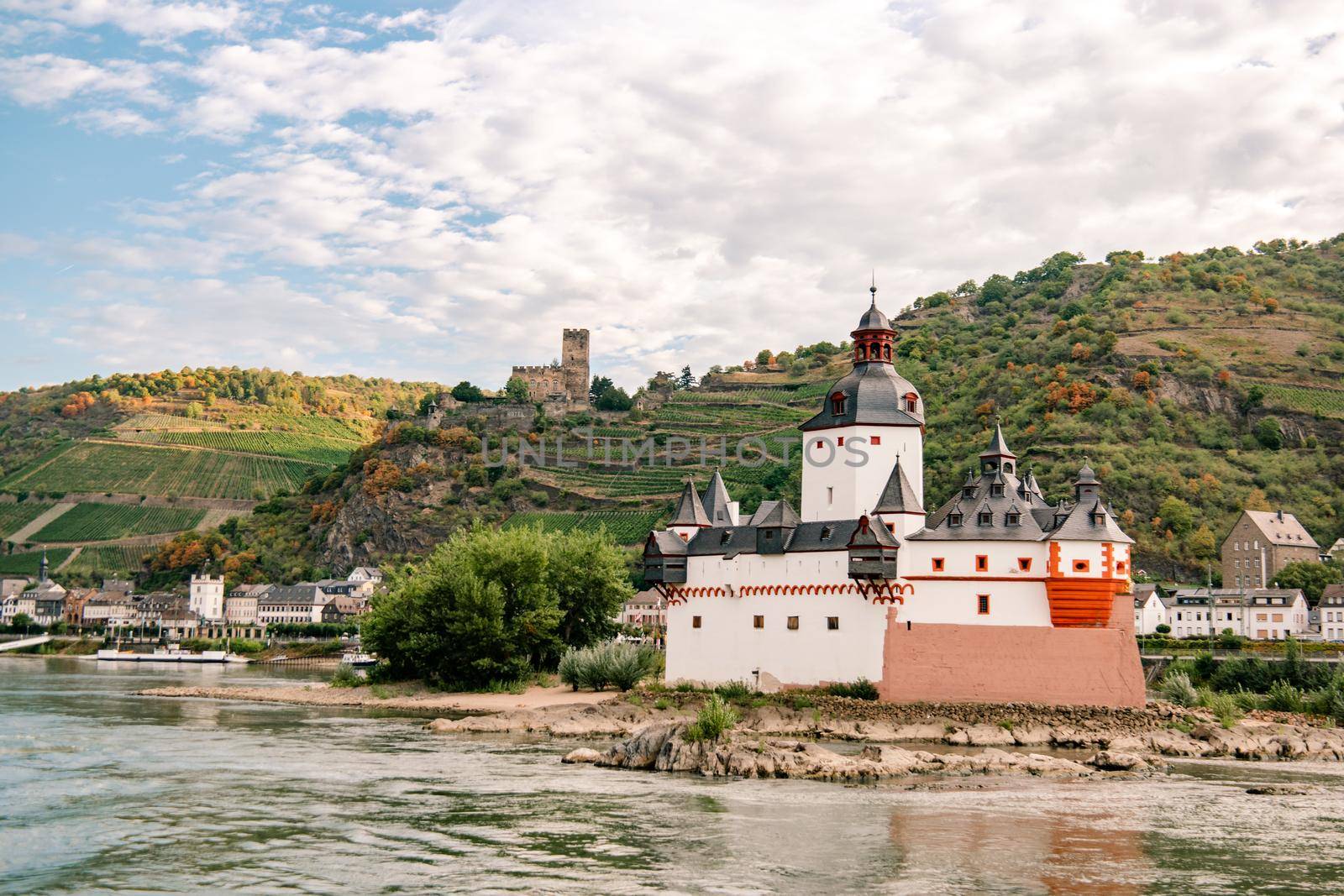 The river Rhjine near Kaub Germany and the castle of Kaub. Germany Europe romantic castles