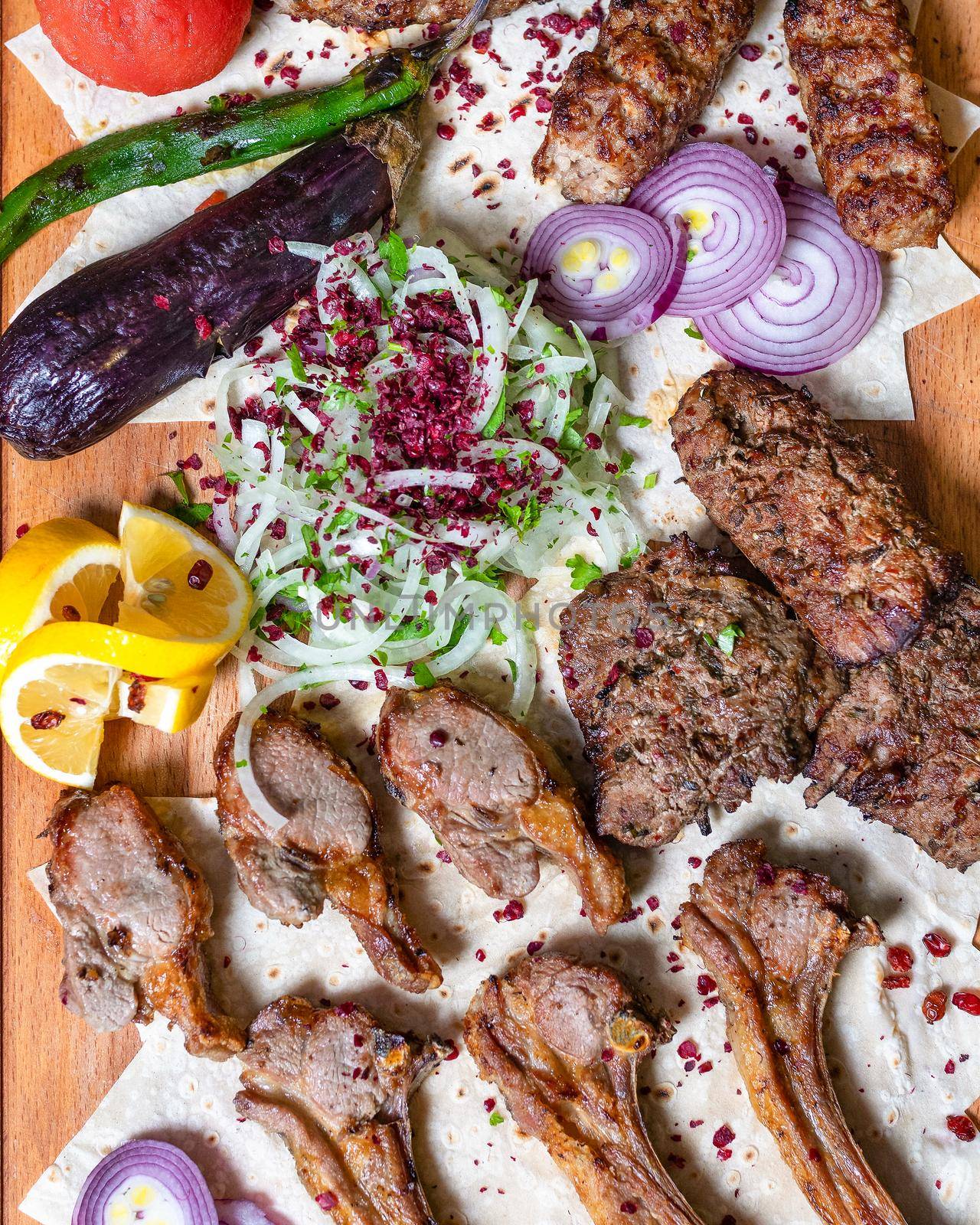 Lyulya kebab, sheep meat meal top view