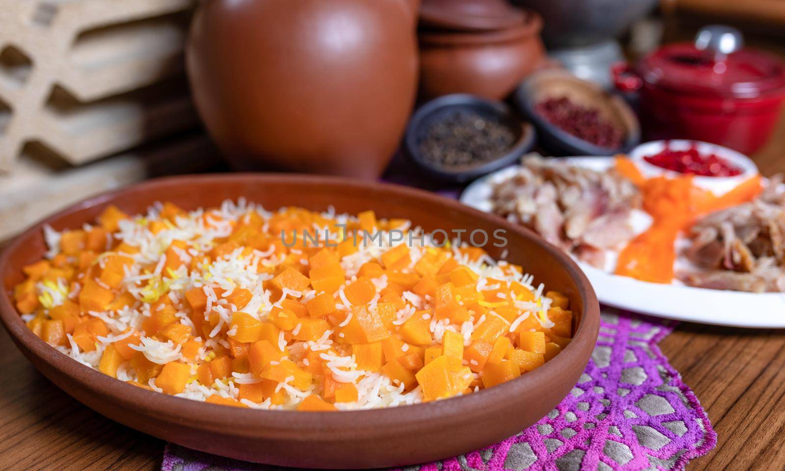 Pumpkin rice pilaf meal close up