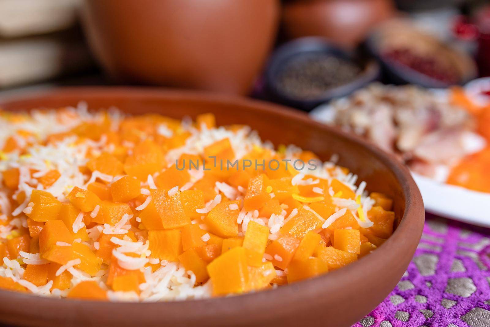 Pumpkin rice pilaf meal close up