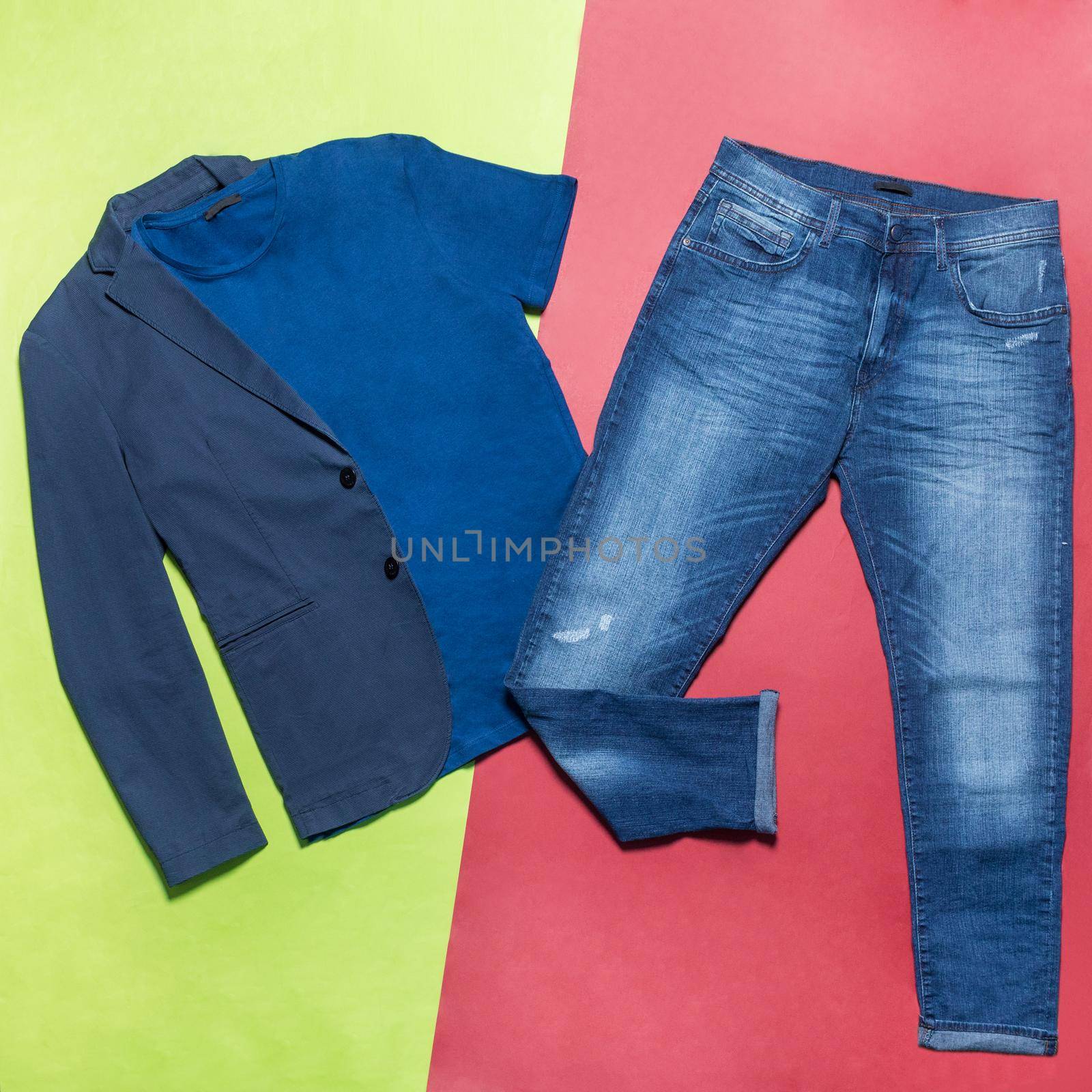 Man jacket t-shirt jeans pants top view