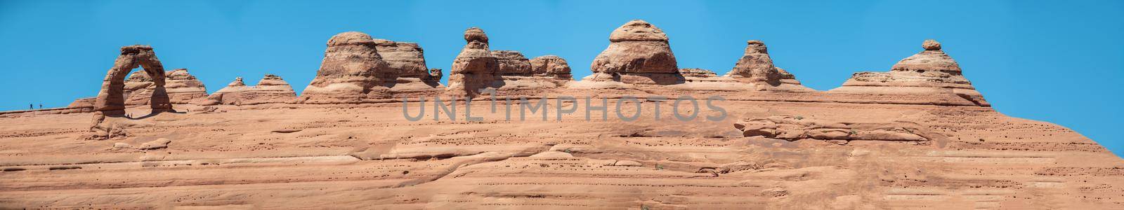Delicate Arch panoramic aerial view from lower viewpoint, Arches National Park, Utah, USA