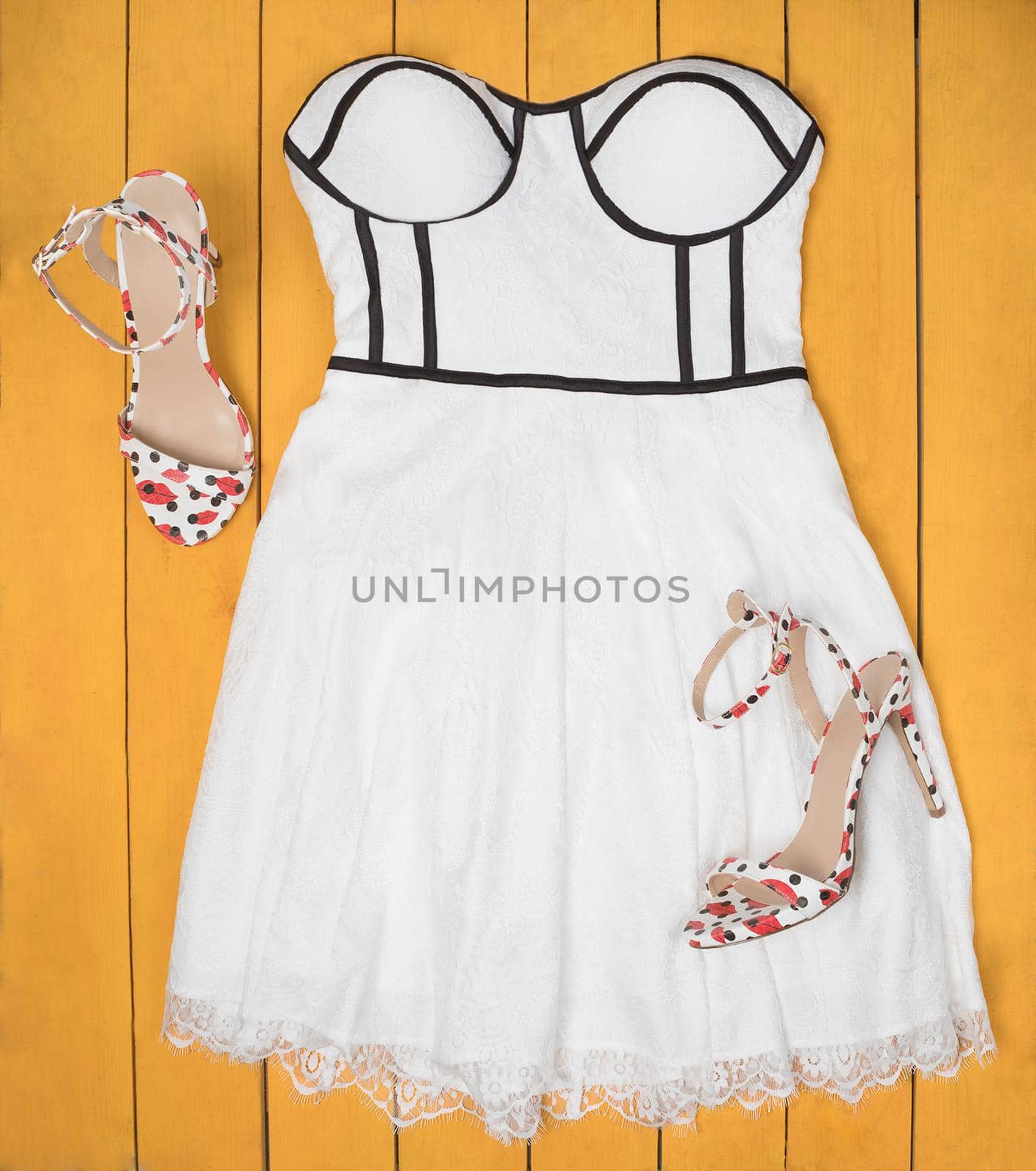 White woman bouquet dress with a shoes top view by ferhad
