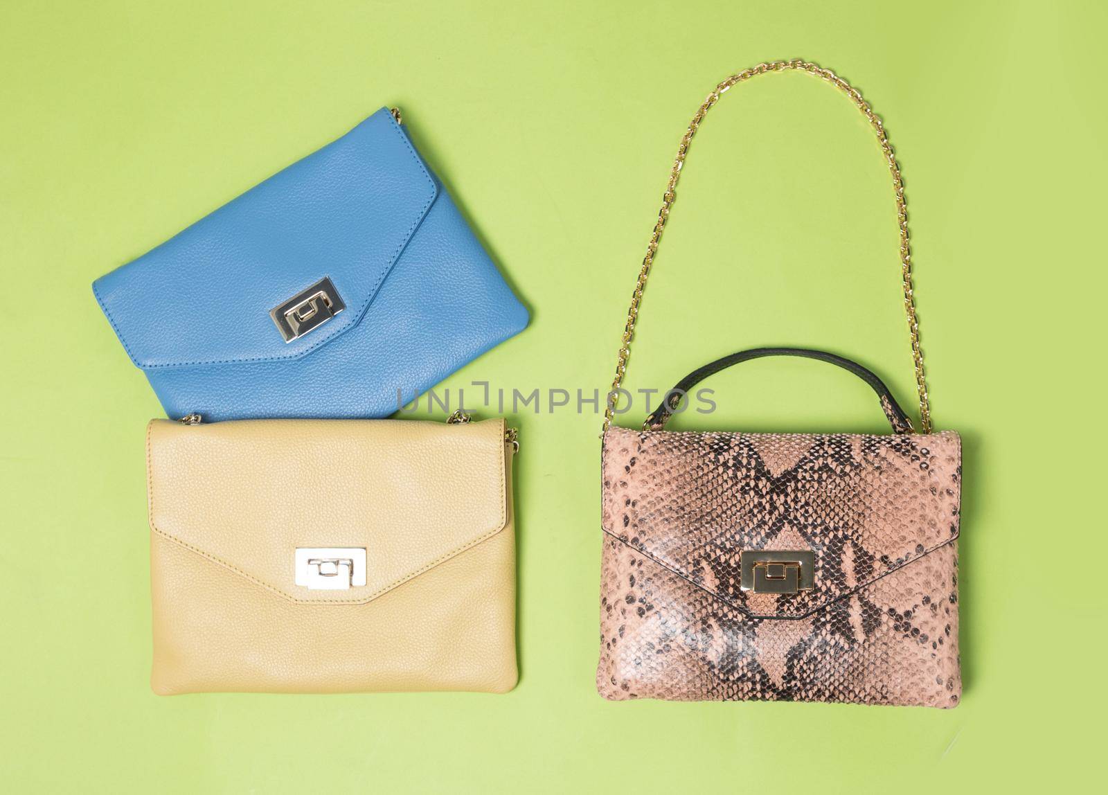 Leather color woman handbags isolated on a green background by ferhad