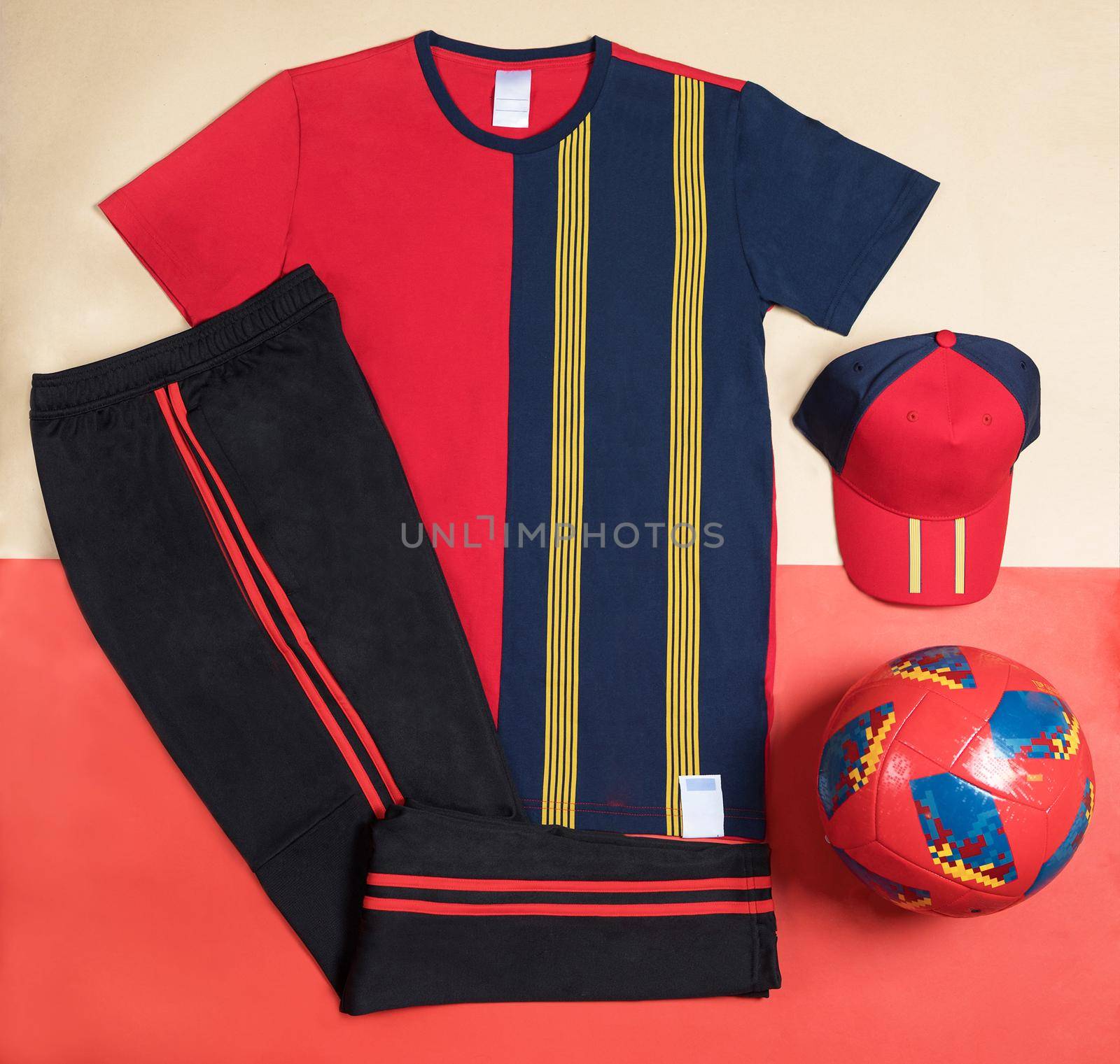 Red soccer t-shirt design slim-fitting with a cap an ball top view by ferhad