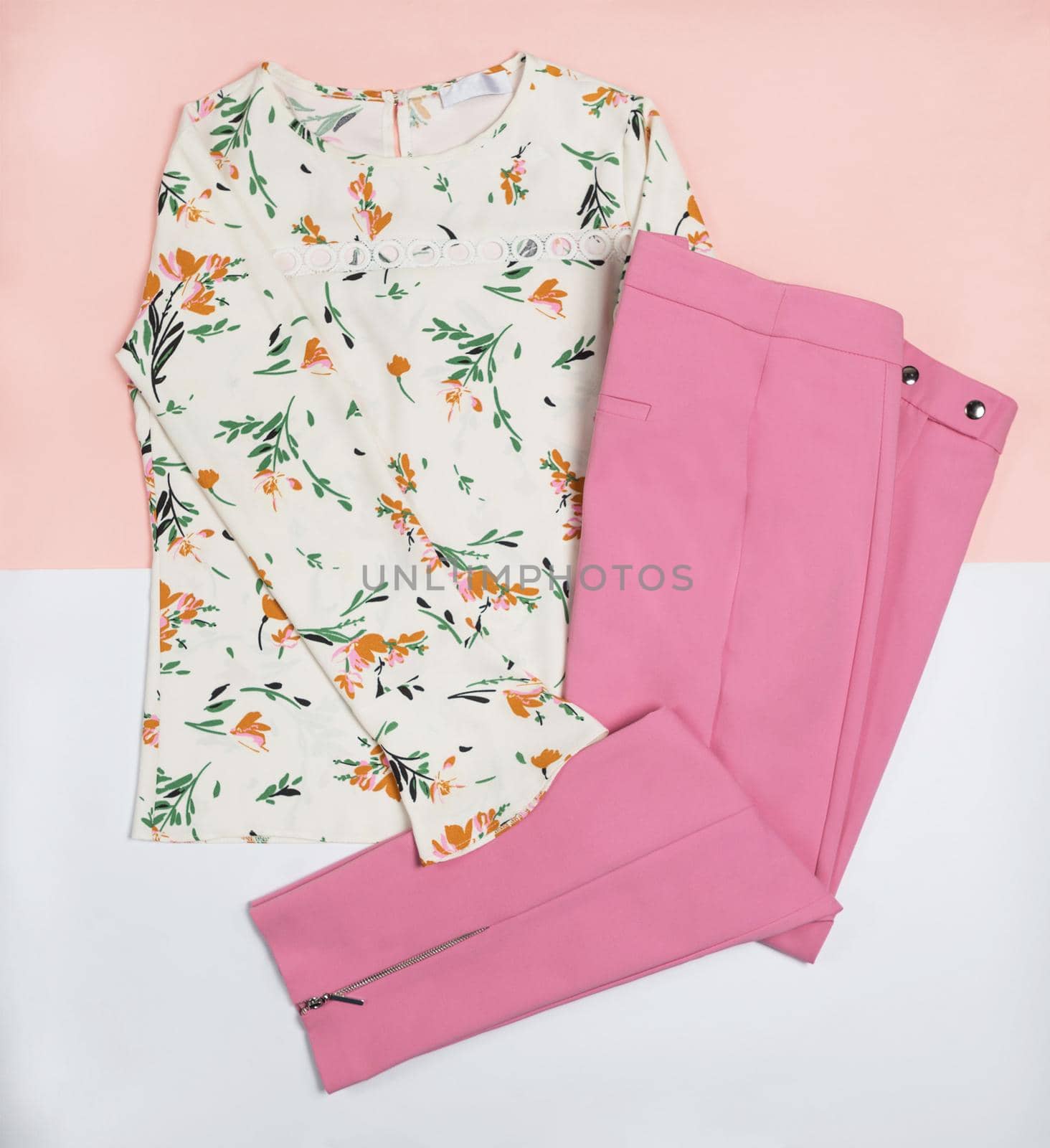 Casual woman dress flower style shirt and a pink pants top view
