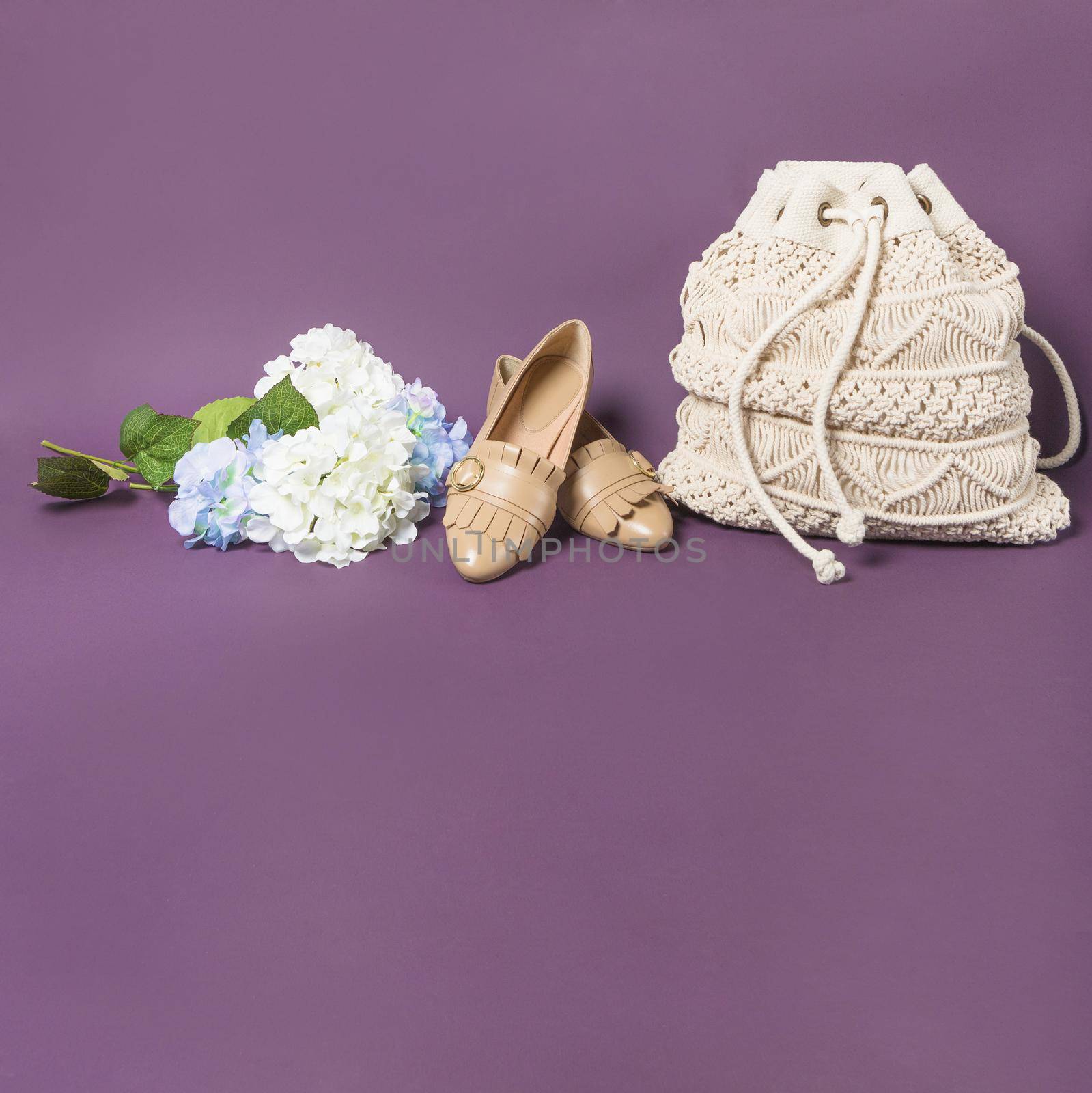 Woman shoes and cotton handbag isolated