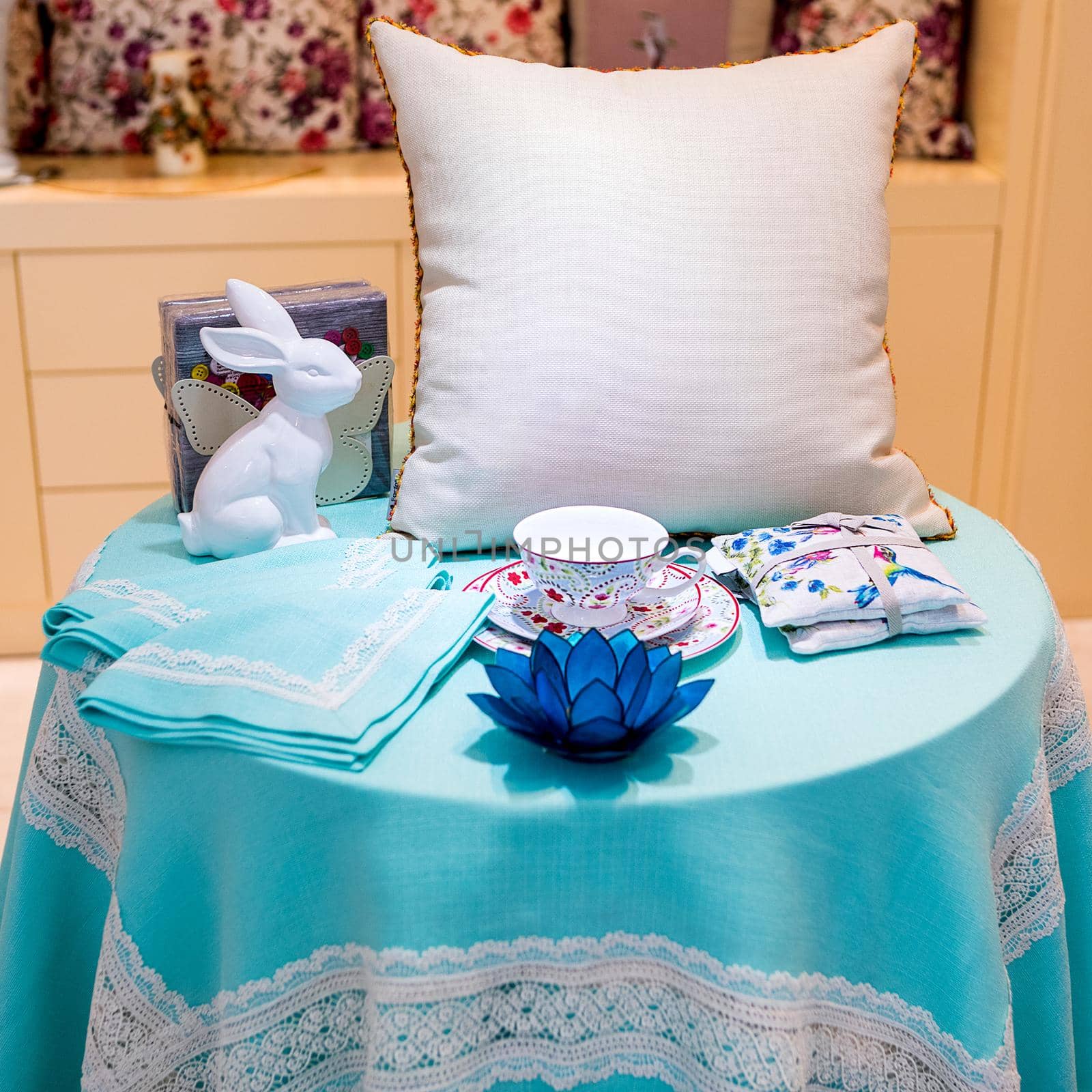 Blue set of pillow and blanket cup isolated