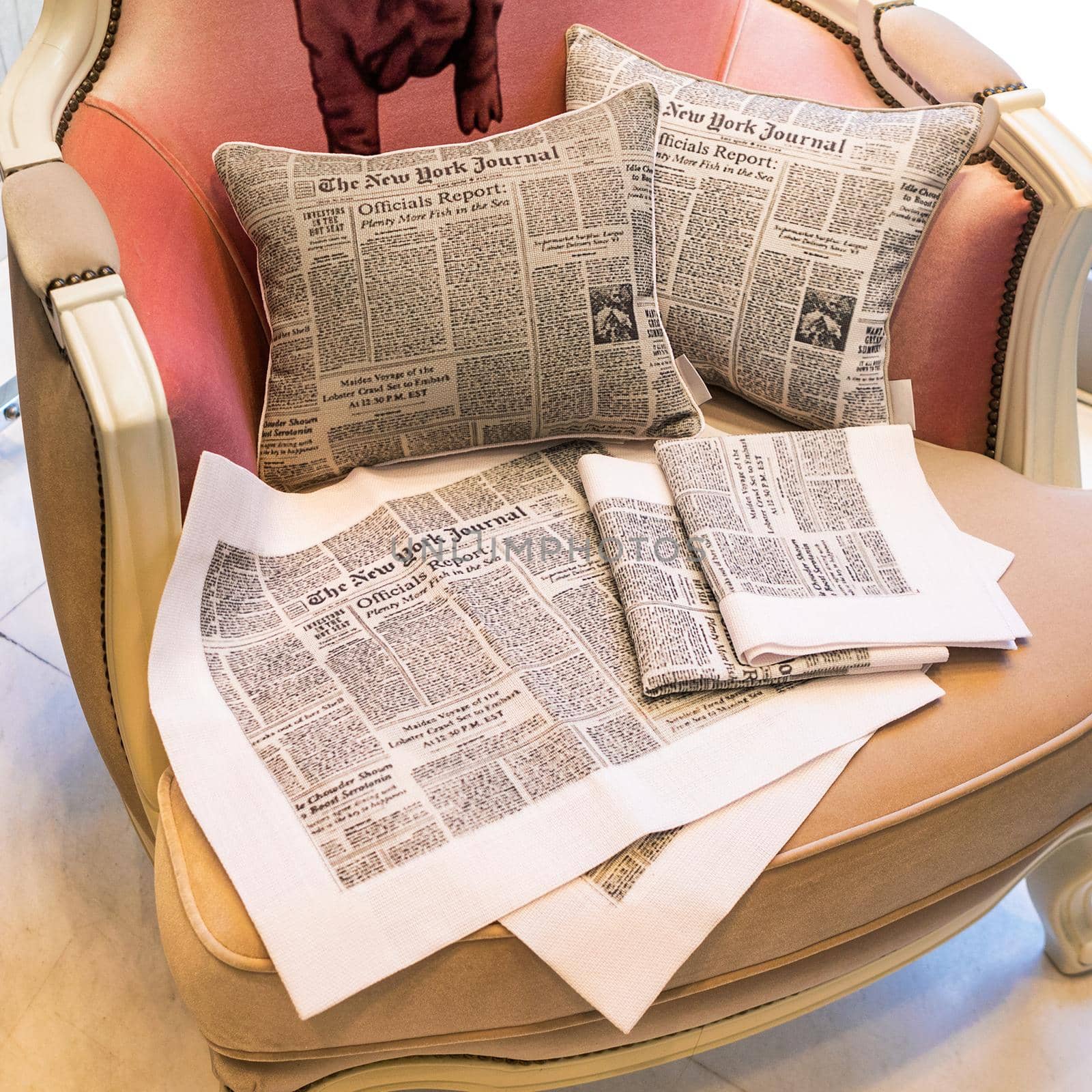 Set of colorful pillow on the showcase, newspaper style